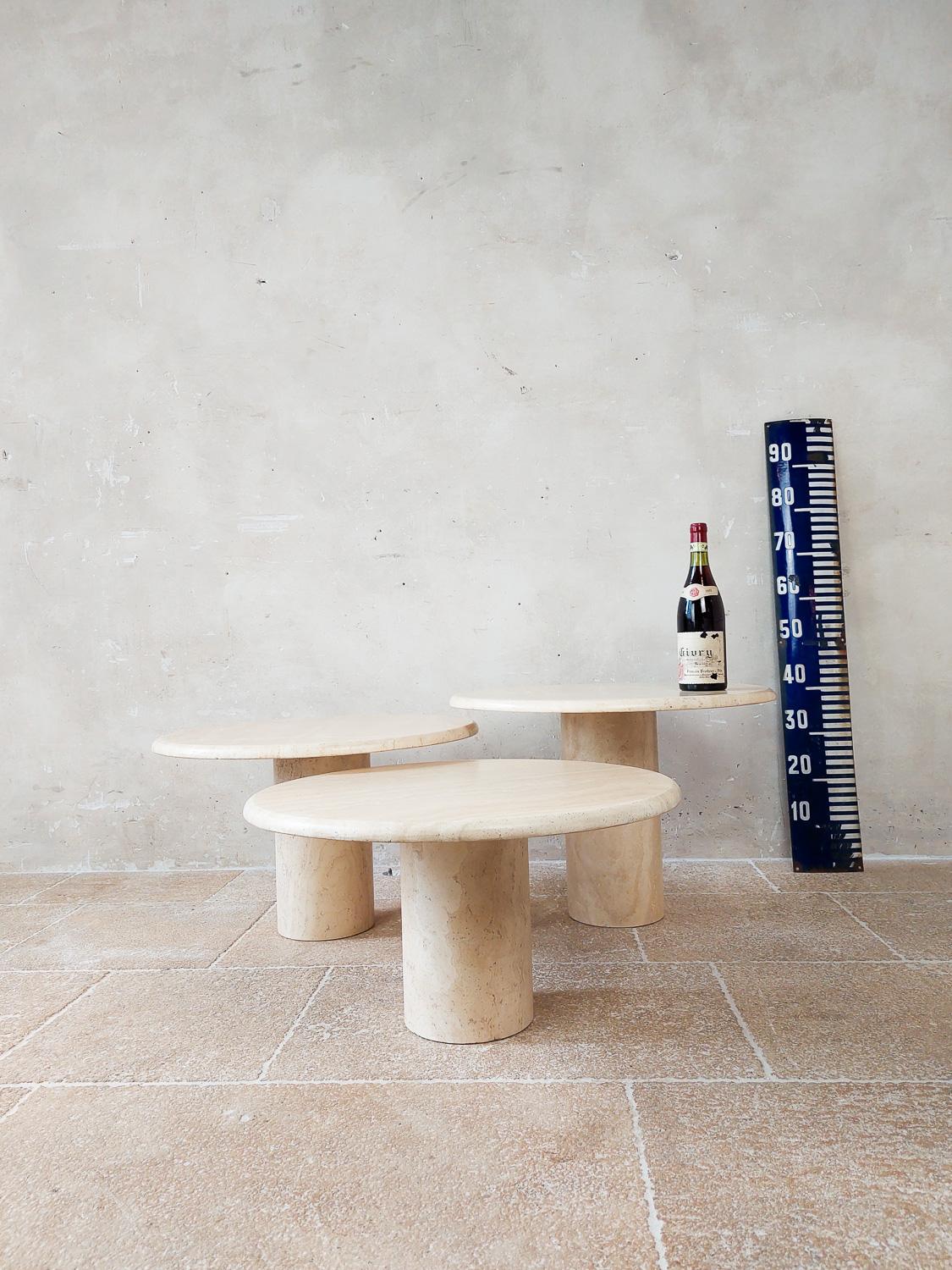 Late 20th Century Set of Three Vintage Italian Round Travertine Coffee Tables, 1970s