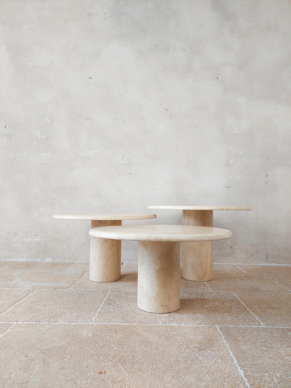 Set of Three Vintage Italian Round Travertine Coffee Tables, 1970s 1