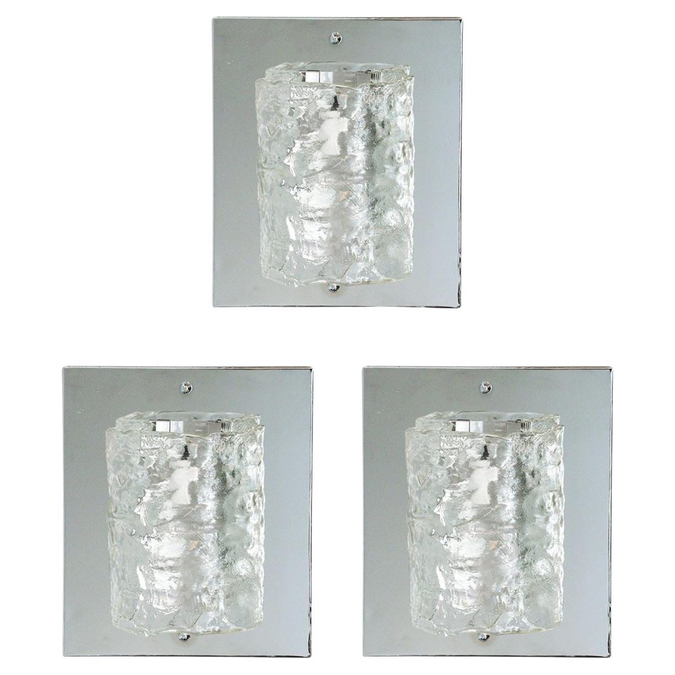 Set of three Vintage Italian Sconces w/ Hand B Murano Glass by Mazzega, c 1960s For Sale