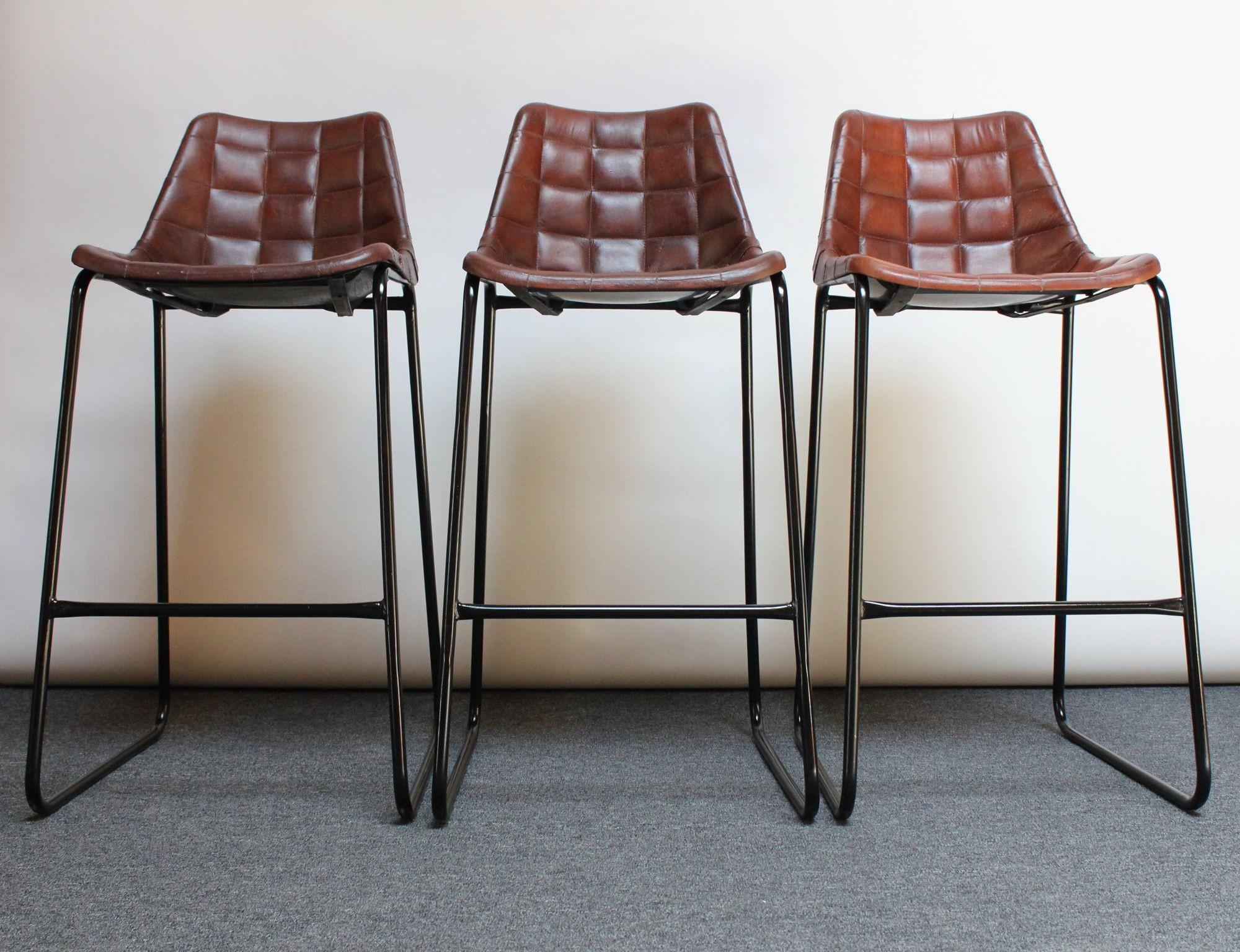 Mid-Century Modern Set of Three Vintage Italian Steel and Iron Barstools with Leatherette Seats For Sale