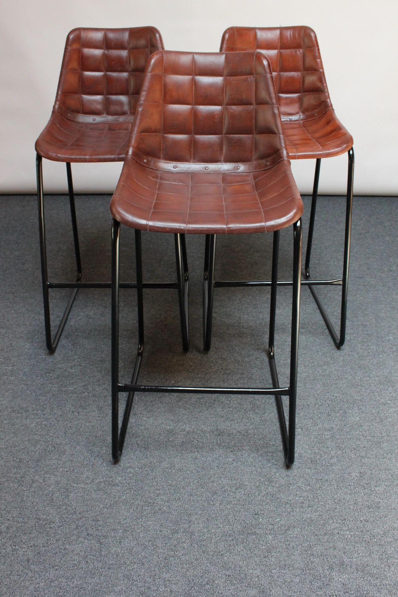Set of Three Vintage Italian Steel and Iron Barstools with Leatherette Seats In Good Condition For Sale In Brooklyn, NY