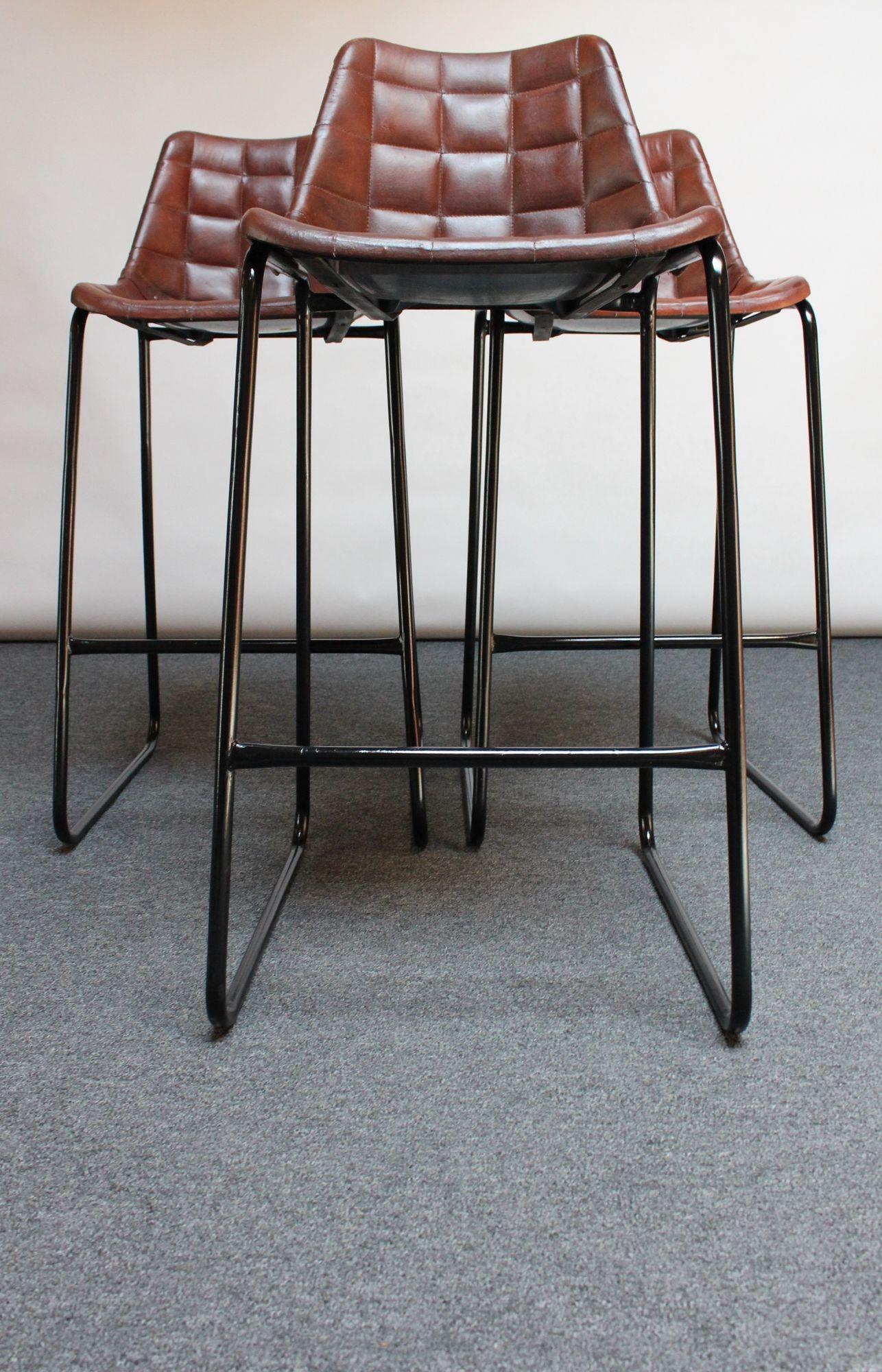 Late 20th Century Set of Three Vintage Italian Steel and Iron Barstools with Leatherette Seats For Sale