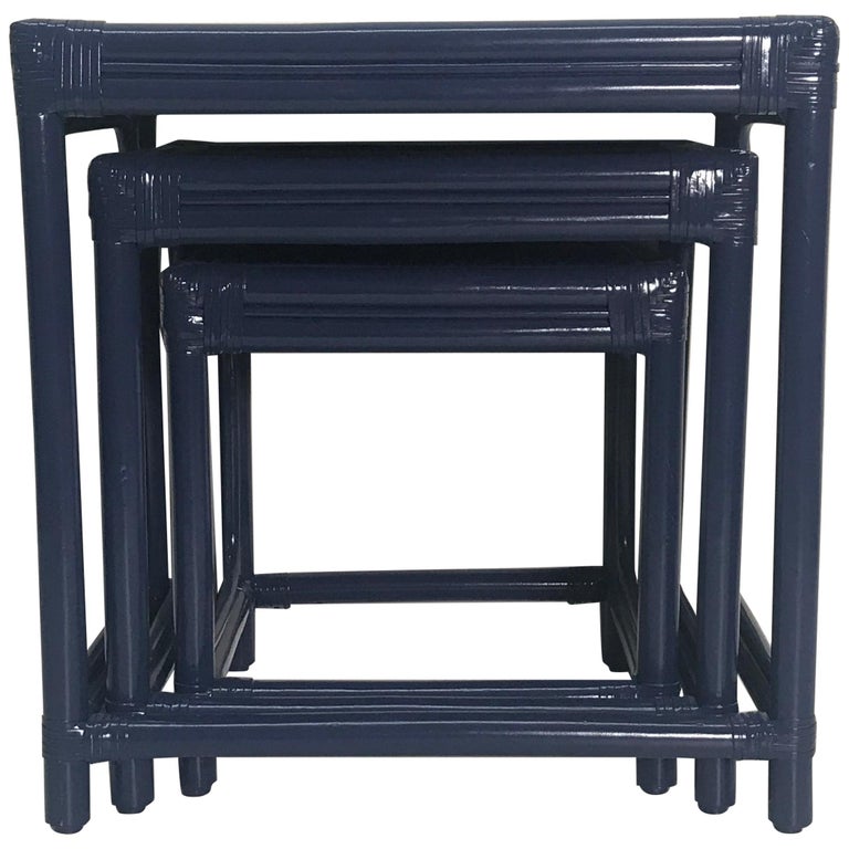 Set of Three Vintage Boho Lacquered Rattan Navy Nesting Tables at 1stDibs