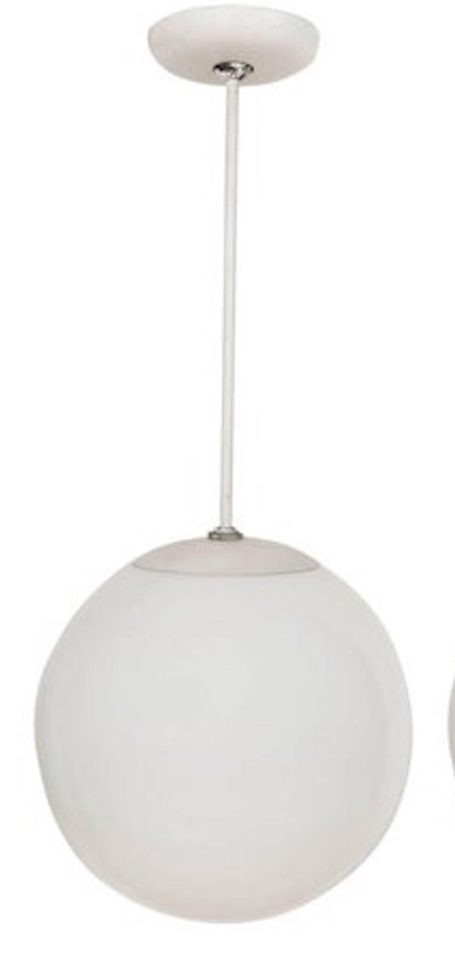 Mid-century light fixture with white glass globe hanging shade pendant. 
 large opaline globe pendants, 1960s
Originally designed and made by Prescolite in the style of Kurt Versen.
These lamps were a signature light fixture in early Eichler