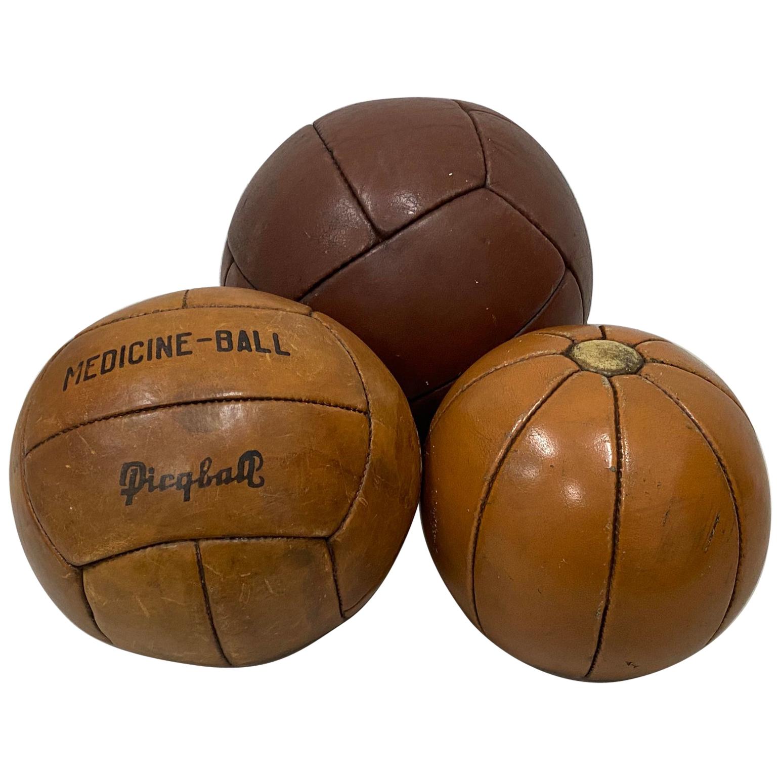 Set of Three Vintage Leather Medicine Balls, circa 1940