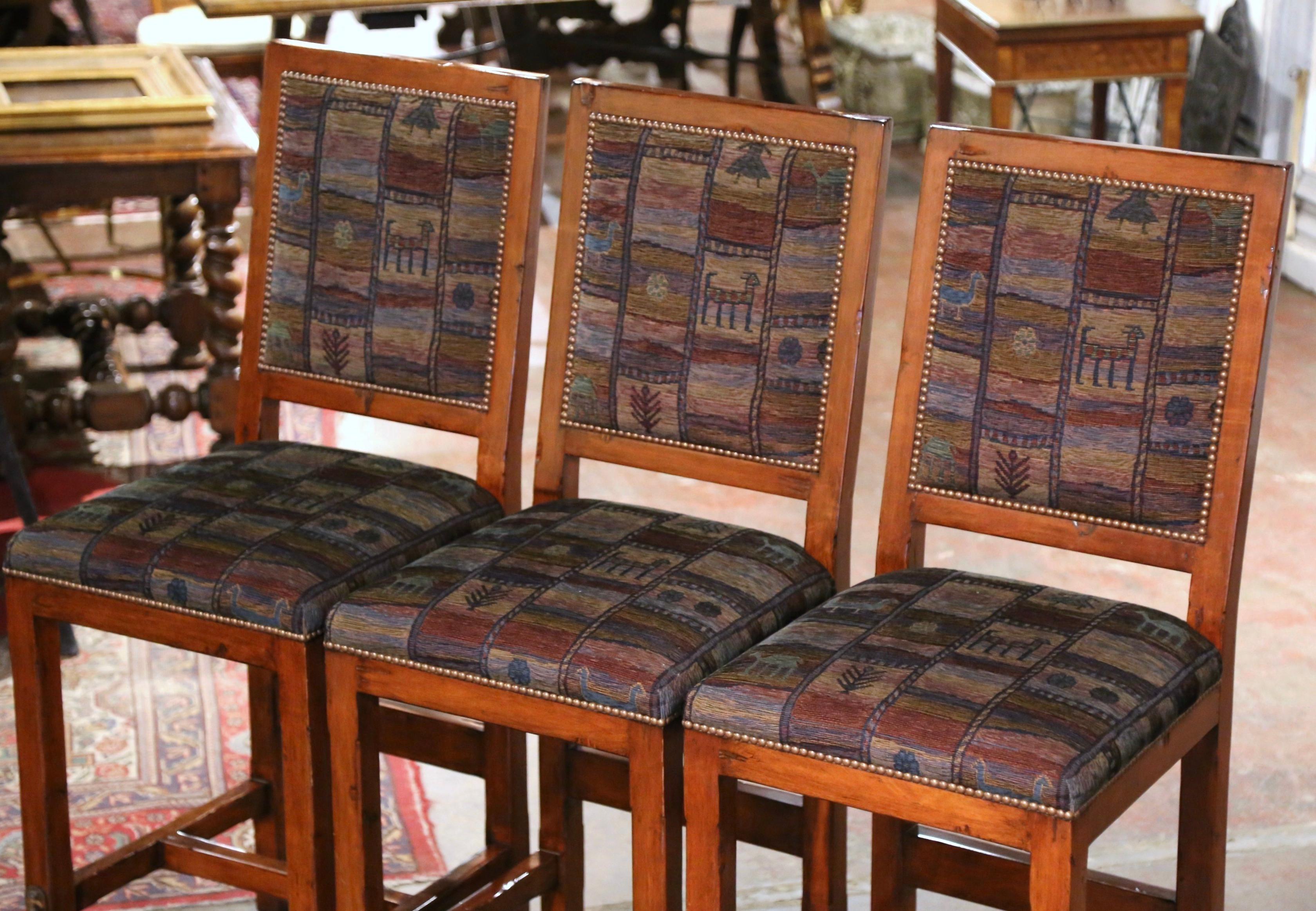 American Set of Three Vintage Louis XIII Style Carved Walnut and Fabric Bar Stools For Sale
