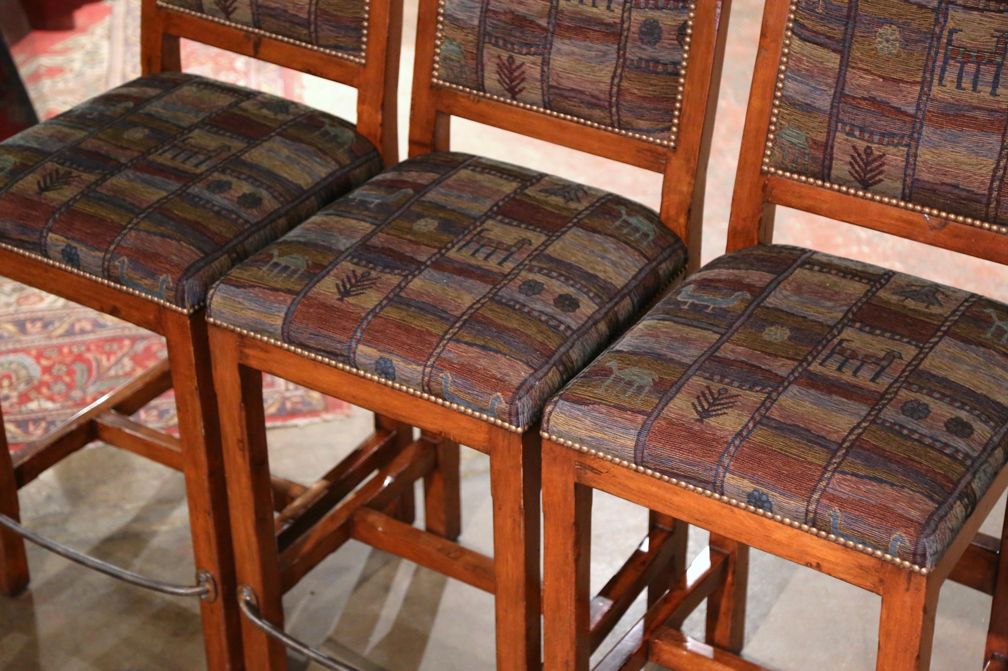 Hand-Carved Set of Three Vintage Louis XIII Style Carved Walnut and Fabric Bar Stools For Sale