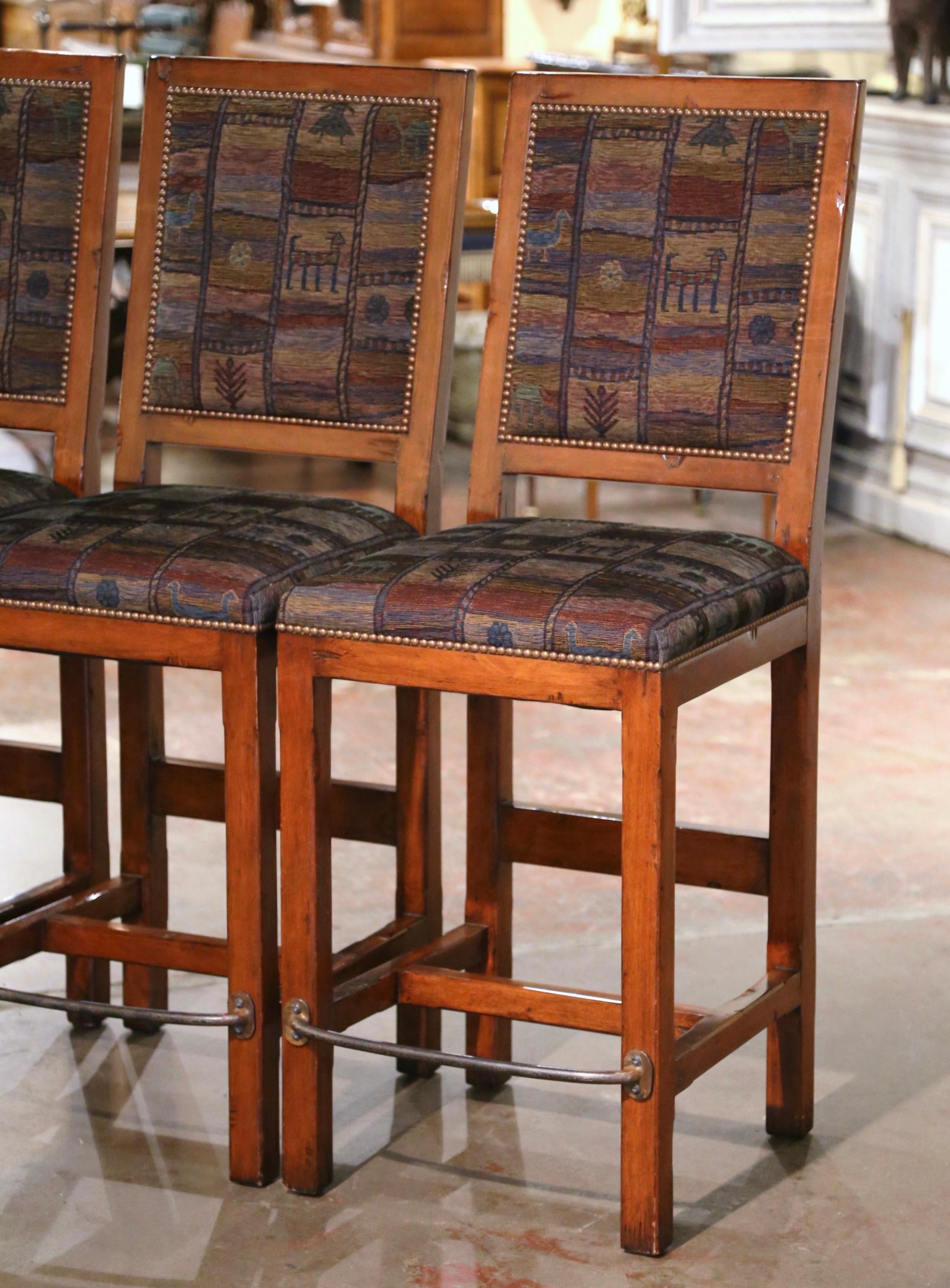 Set of Three Vintage Louis XIII Style Carved Walnut and Fabric Bar Stools In Excellent Condition For Sale In Dallas, TX