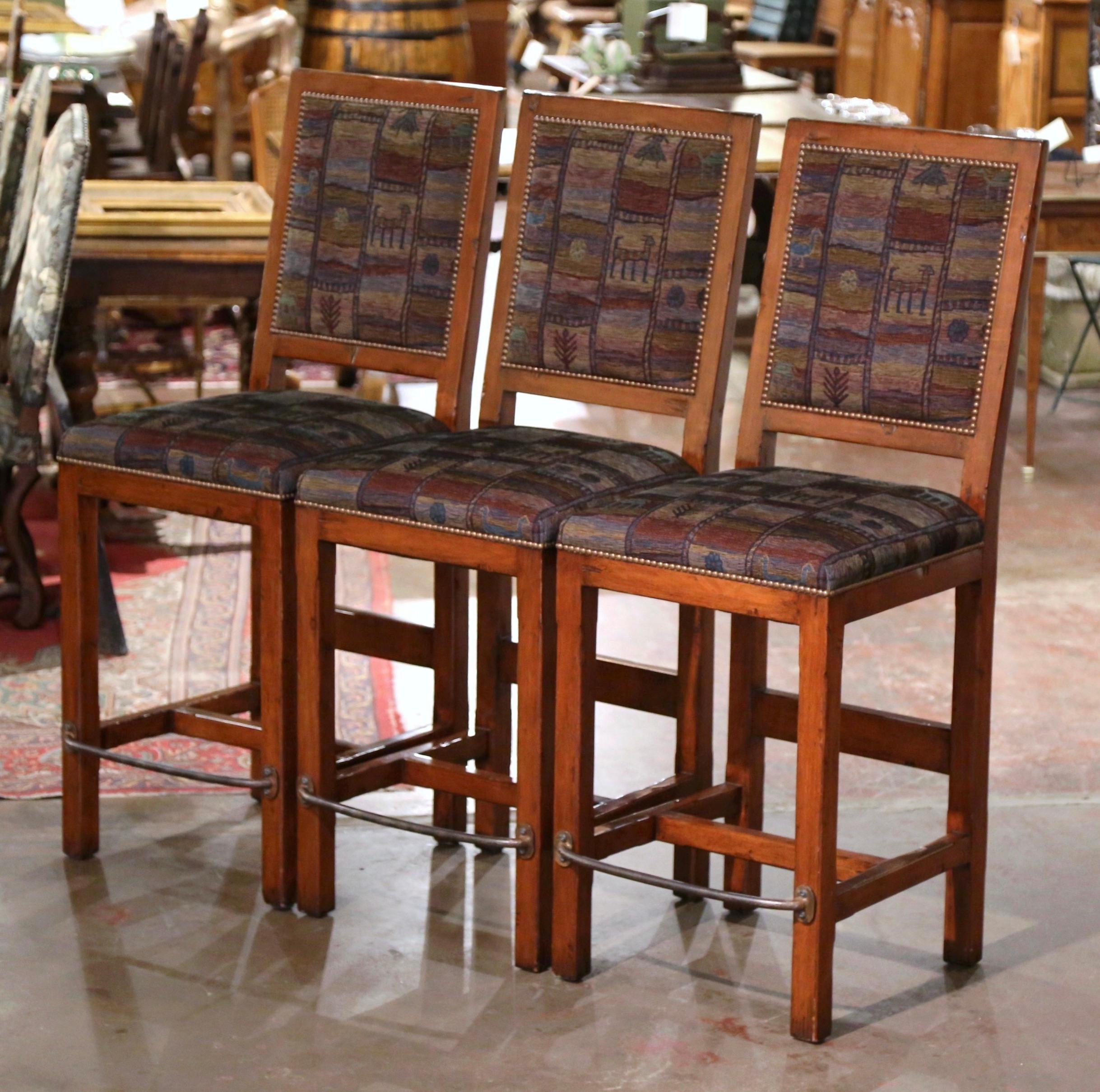 Contemporary Set of Three Vintage Louis XIII Style Carved Walnut and Fabric Bar Stools For Sale