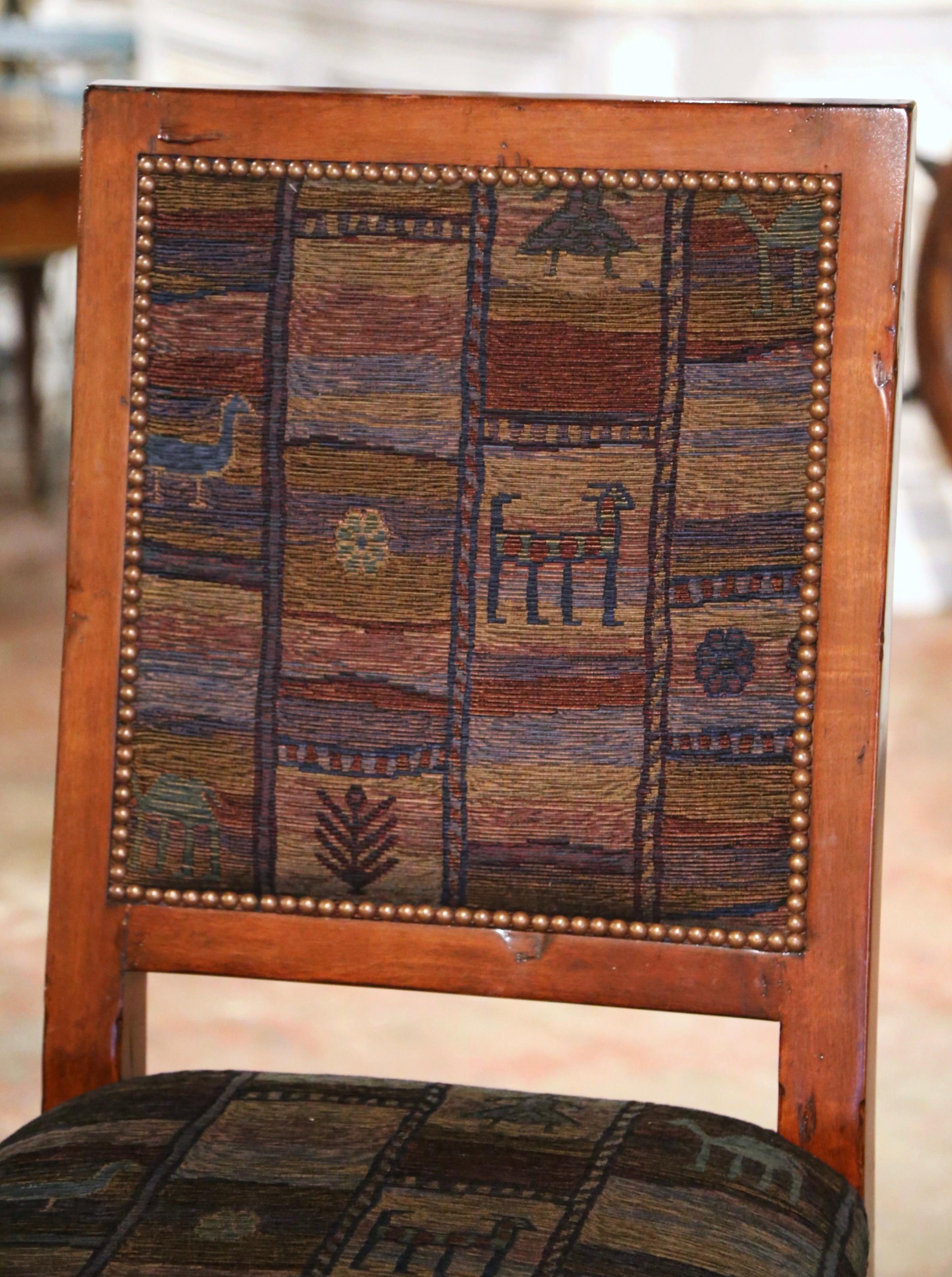 Set of Three Vintage Louis XIII Style Carved Walnut and Fabric Bar Stools For Sale 1