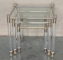 Set of Three Vintage Lucite an Brass Nesting Tables with Glass Top