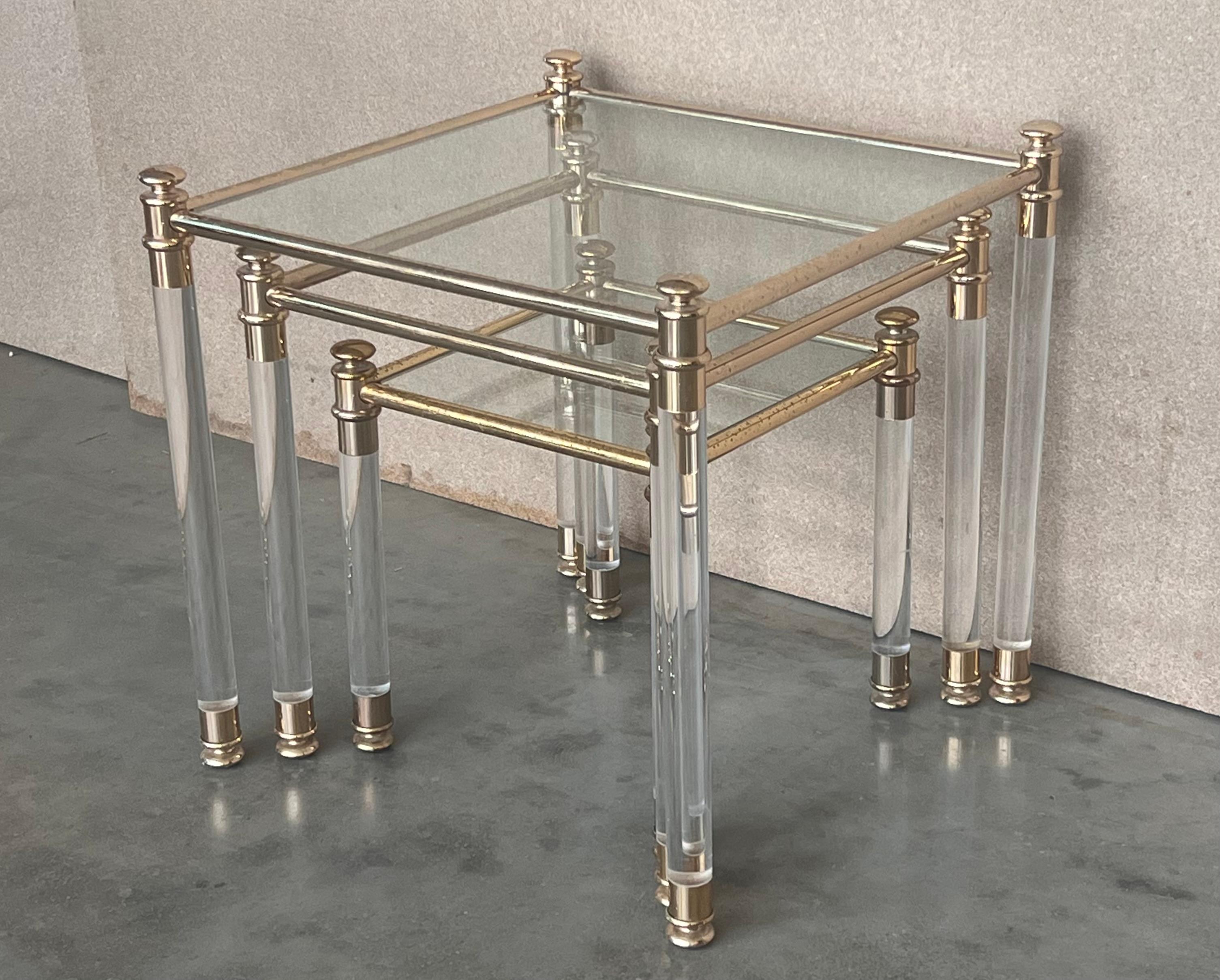 Mid-Century Modern Set of Three Vintage Lucite an Brass Nesting Tables with Glass Top For Sale
