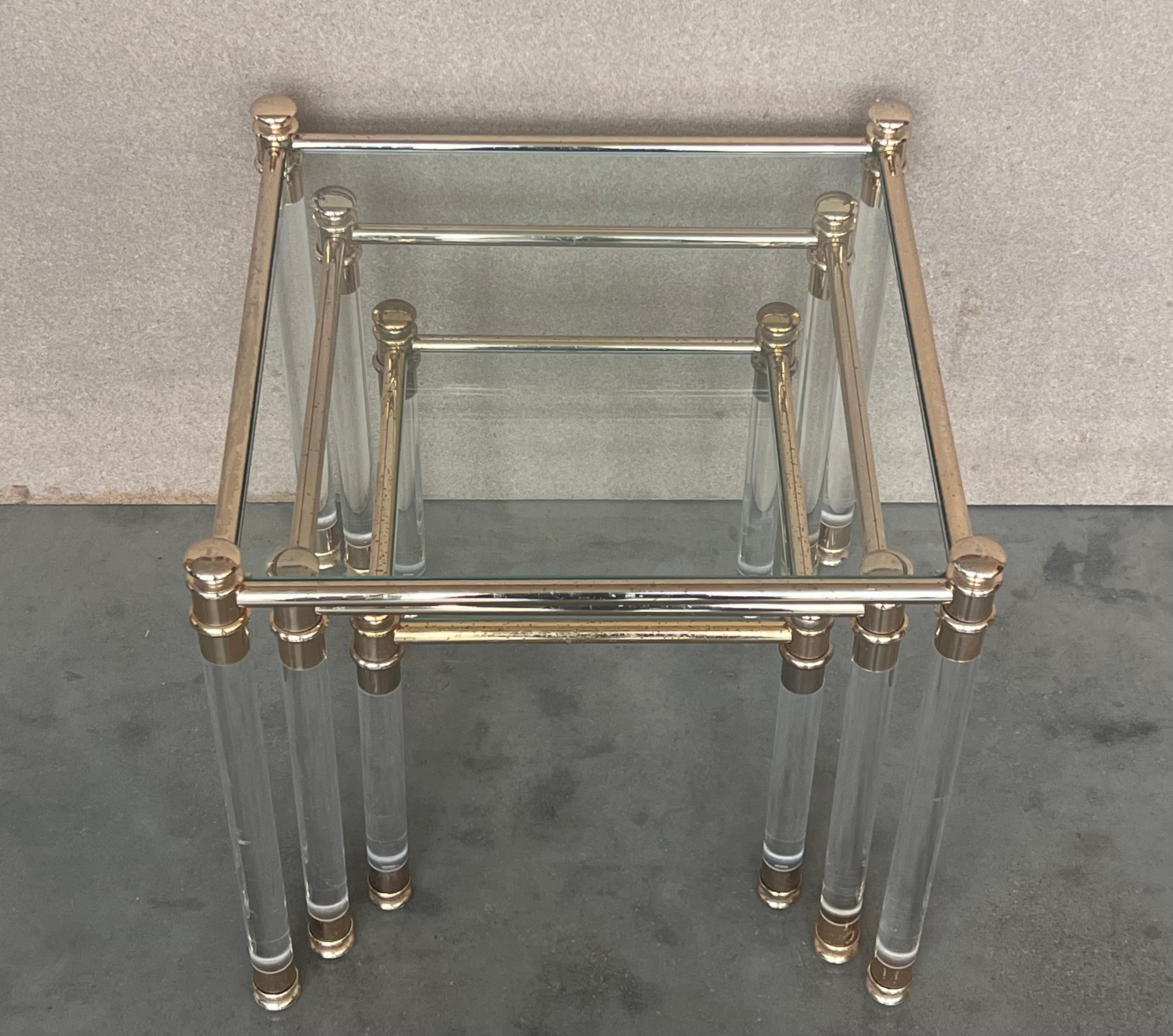 French Set of Three Vintage Lucite an Brass Nesting Tables with Glass Top For Sale