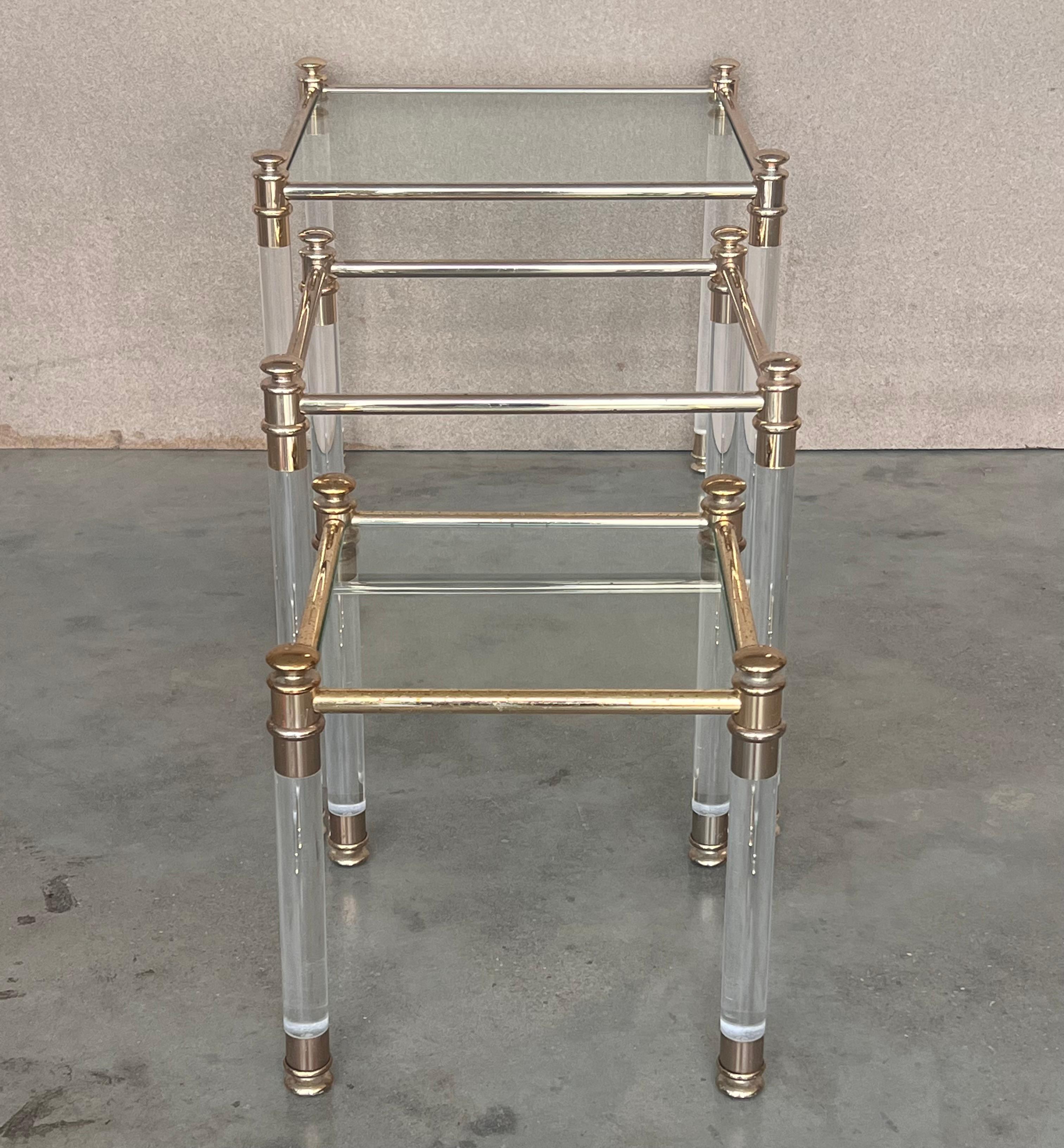 Set of Three Vintage Lucite an Brass Nesting Tables with Glass Top For Sale 1