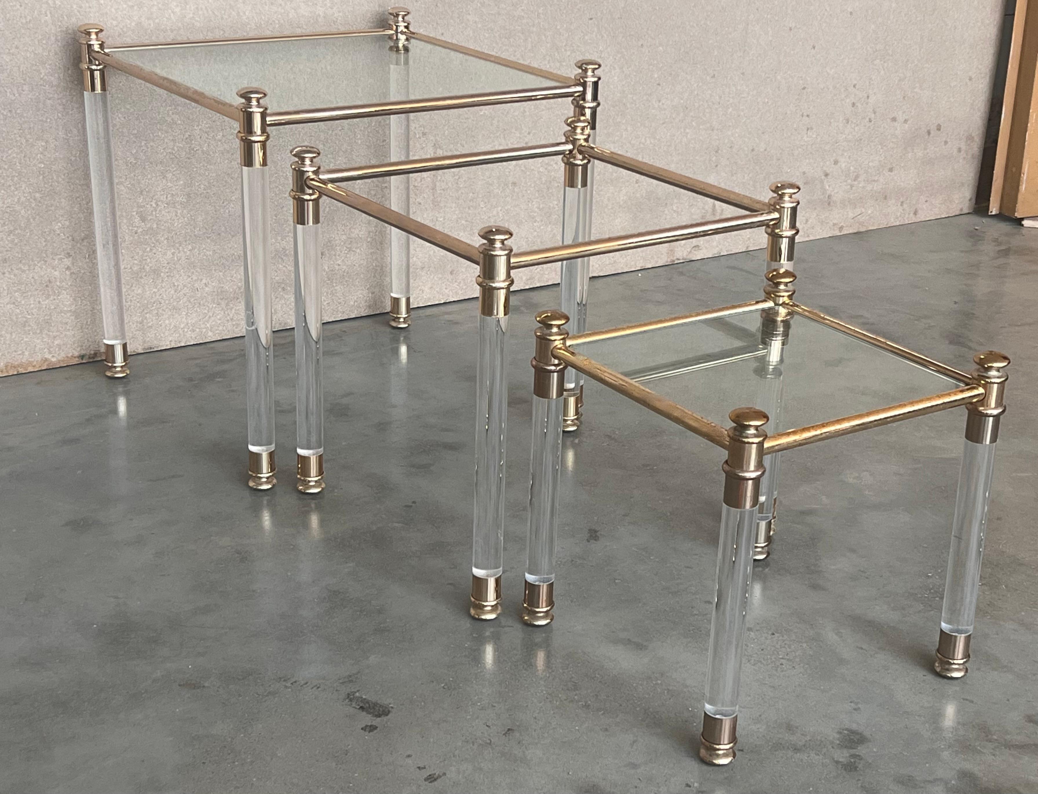 Set of Three Vintage Lucite an Brass Nesting Tables with Glass Top For Sale 3
