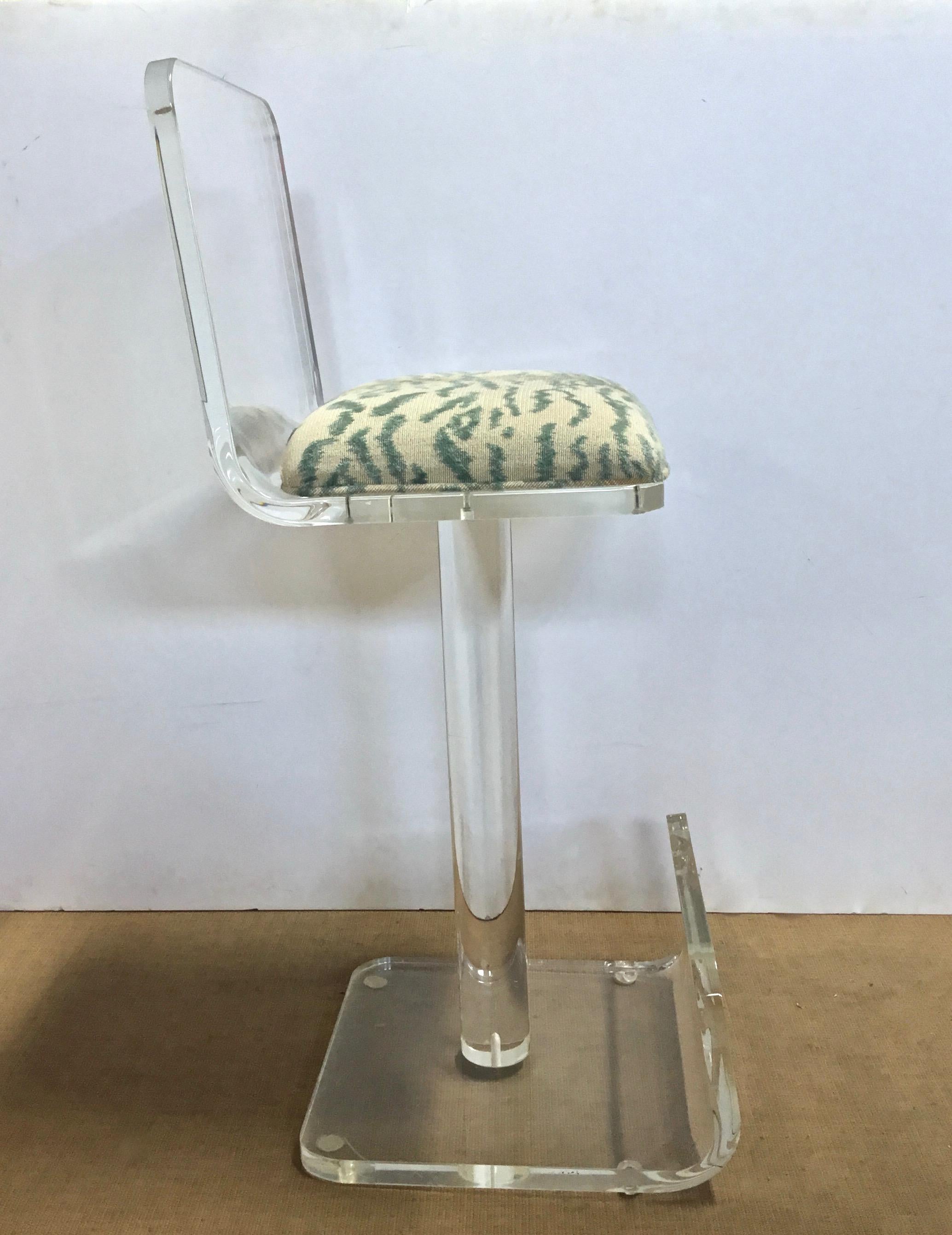 Set of Three Vintage Lucite Bar Stools, Newly Upholstered Seat For Sale 4