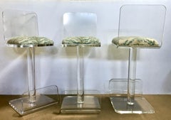 Set of Three Vintage Lucite Bar Stools, Newly Upholstered Seat