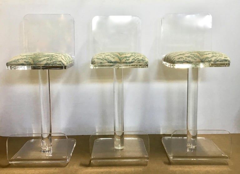 Set of Three Vintage Lucite Bar Stools, Newly Upholstered Seat For Sale at 1stdibs