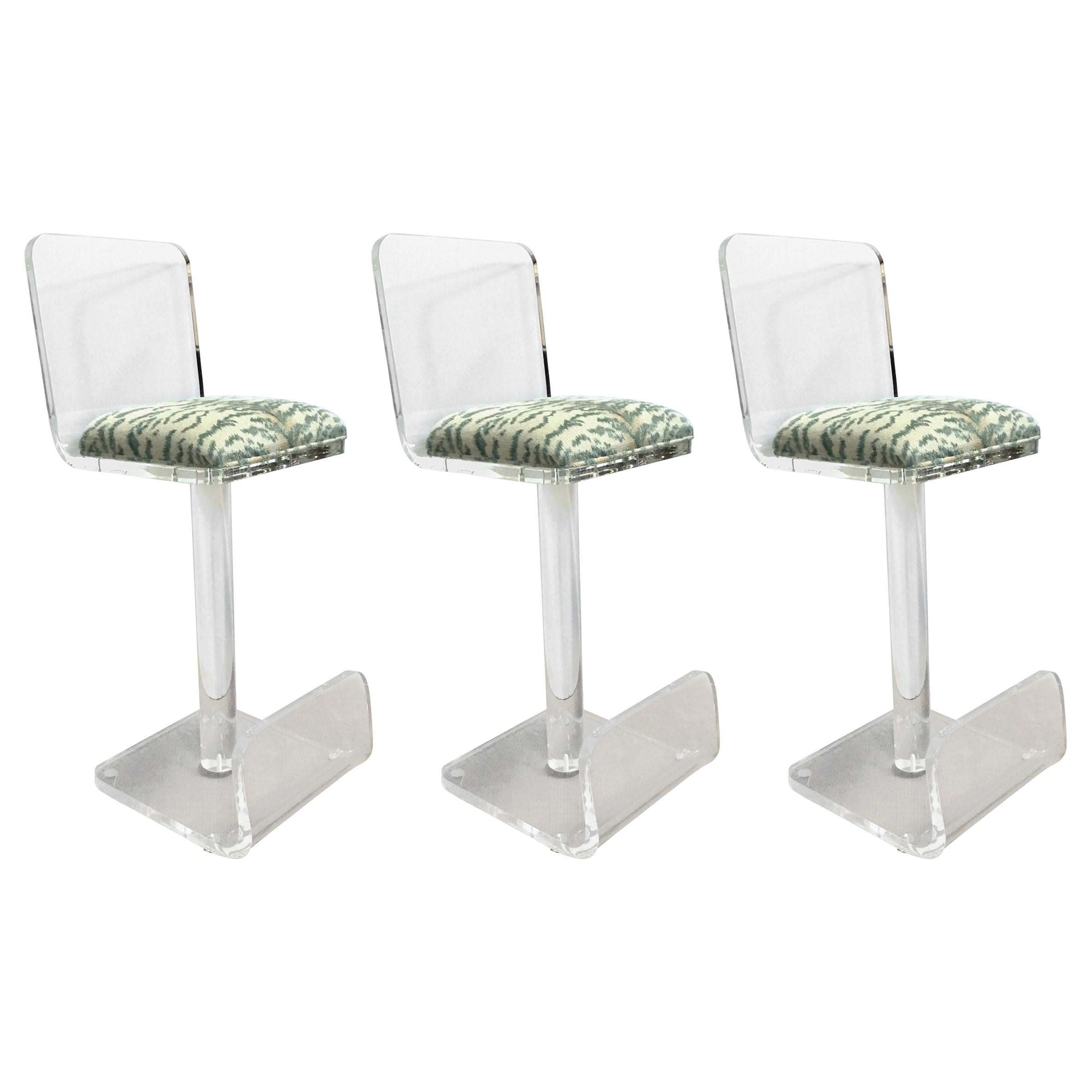 Set of Three Vintage Lucite Bar Stools, Newly Upholstered Seat im Angebot