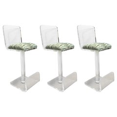 Set of Three Vintage Lucite Bar Stools, Newly Upholstered Seat