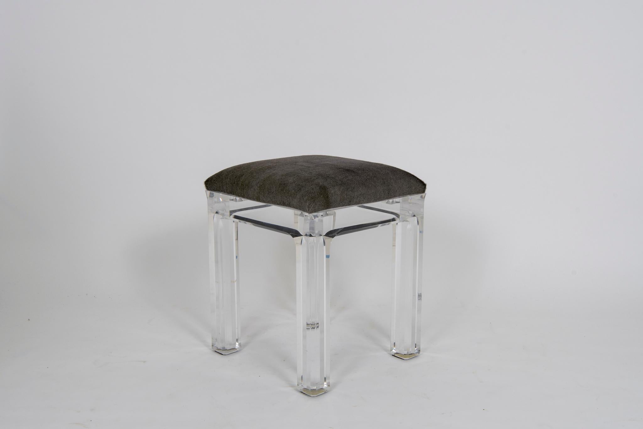 Set of Three Vintage Lucite Hair Hide Counter Stools In Excellent Condition In Houston, TX