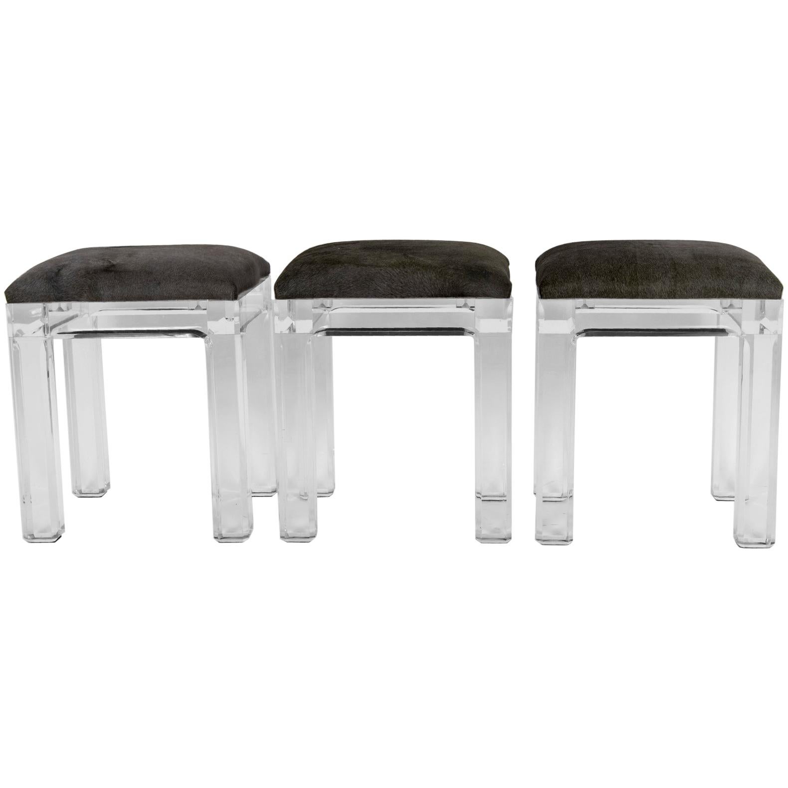 Set of Three Vintage Lucite Hair Hide Counter Stools