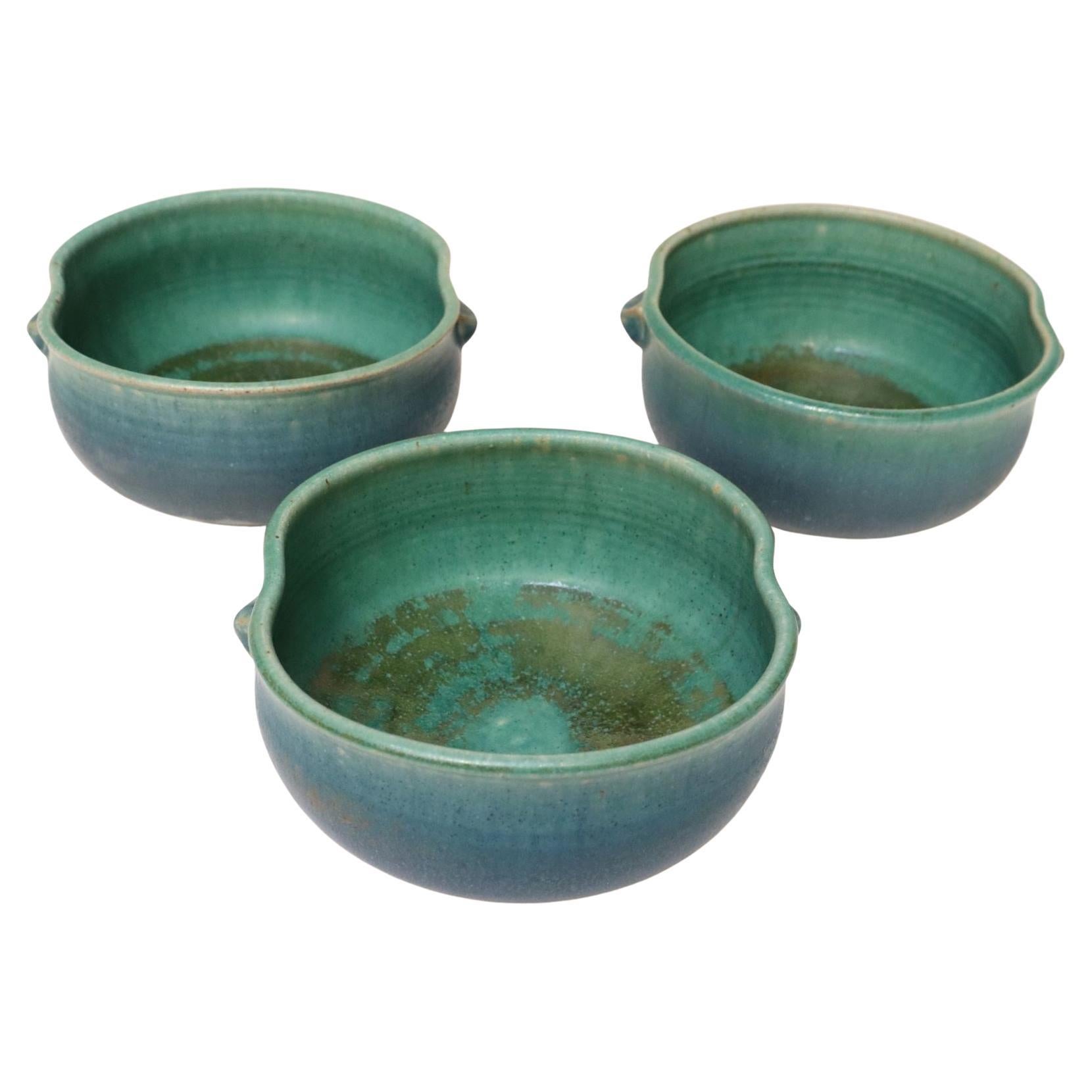Set of Three Vintage Matte Teal Glaze Studio Ceramic Bowls by Deanna Nichols