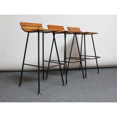 Set of Three Vintage Modernist Maple and Wrought Iron Bar Stools