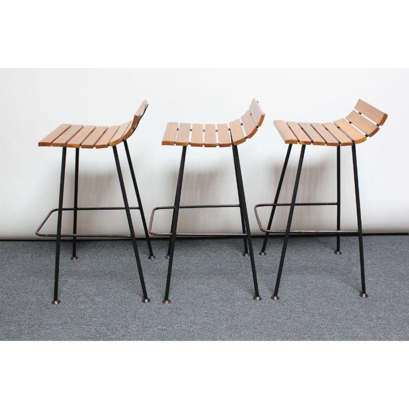 Mid-Century Modern Set of Three Vintage Modernist Maple and Wrought Iron Bar Stools For Sale