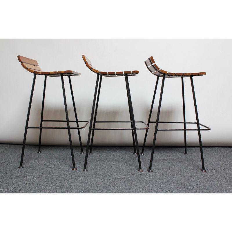 Asian Set of Three Vintage Modernist Maple and Wrought Iron Bar Stools For Sale