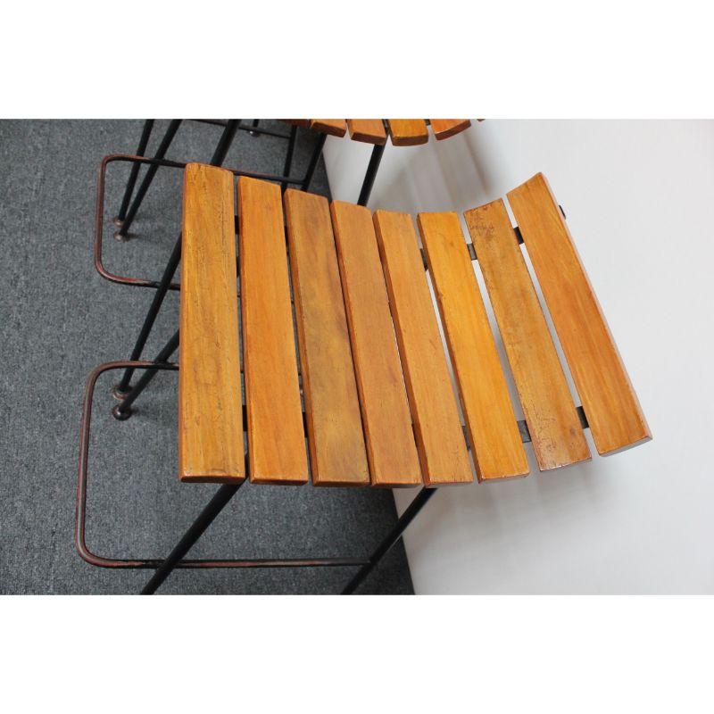 Mid-20th Century Set of Three Vintage Modernist Maple and Wrought Iron Bar Stools For Sale
