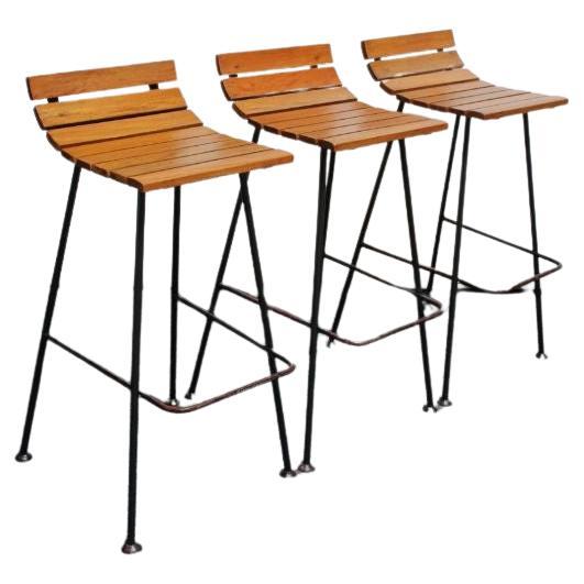 Set of Three Vintage Modernist Maple and Wrought Iron Bar Stools For Sale