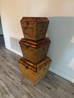 Set of Three Vintage Nesting Bamboo Boxes, Organic Modern Design