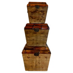 Set of Three Vintage Nesting Bamboo Boxes, Organic Modern Design