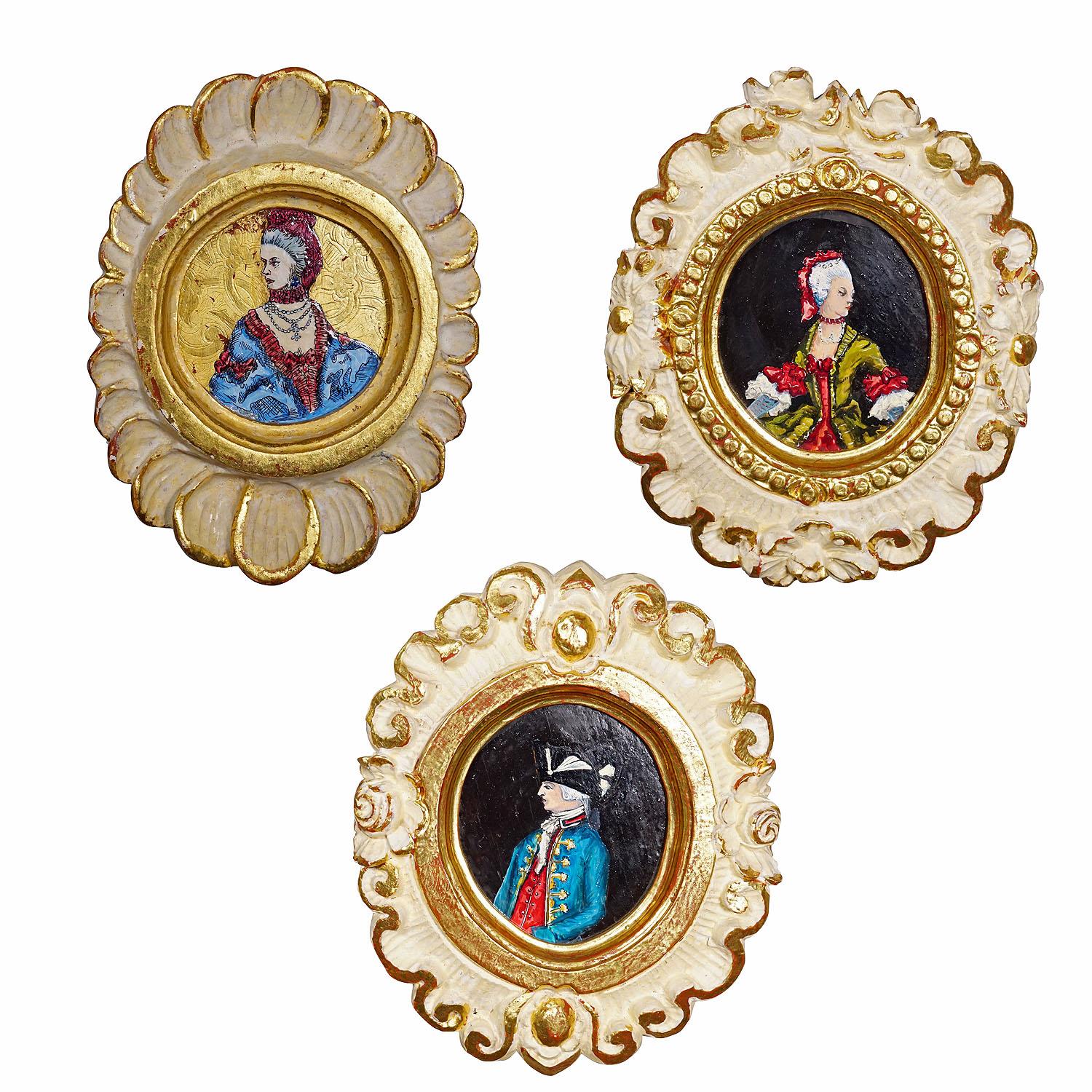 Set of Three Vintage Paintings with People in Rococo Costumes

A set of three paintings depicting two noble ladies and a noble man in Rococo costumes. Handpainted with enamel paint on wood. Germany ca. 1950s. Framed in wooden carved and gilded