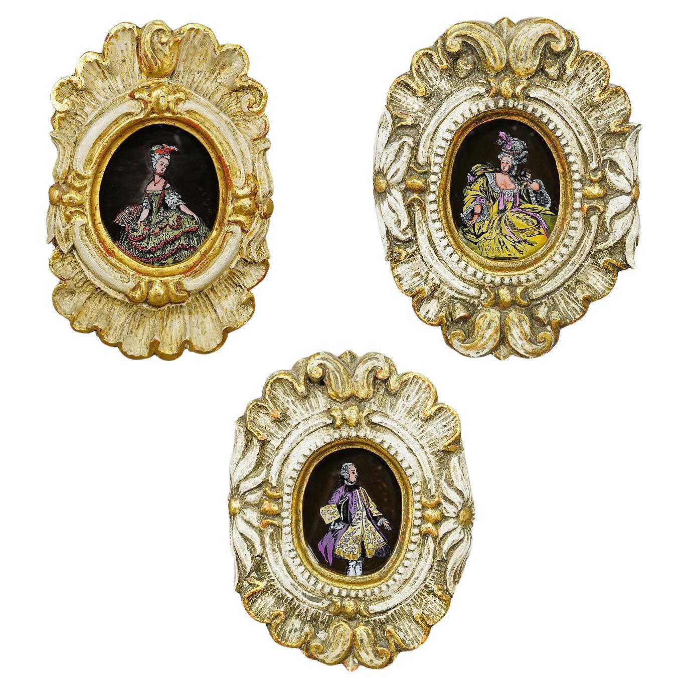 Set of Three Vintage Paintings with People in Rococo Costumes