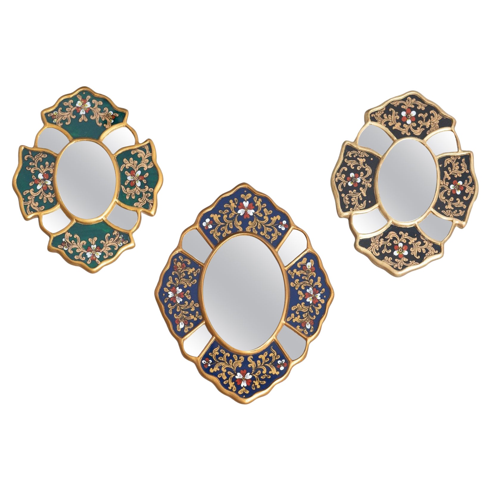 Set di tre specchi da parete in legno peruviano vintage di metà secolo dipinti a mano