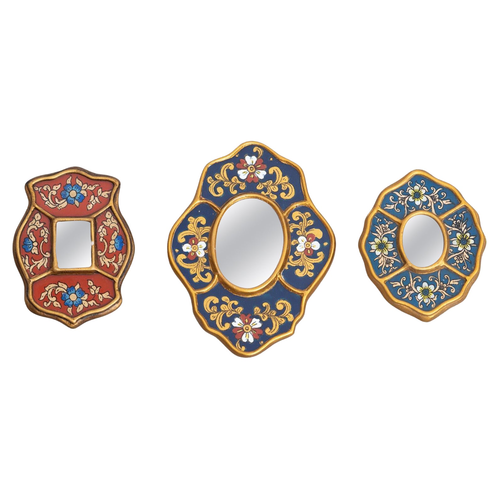 Set di tre specchi da parete in legno peruviano vintage di metà secolo dipinti a mano