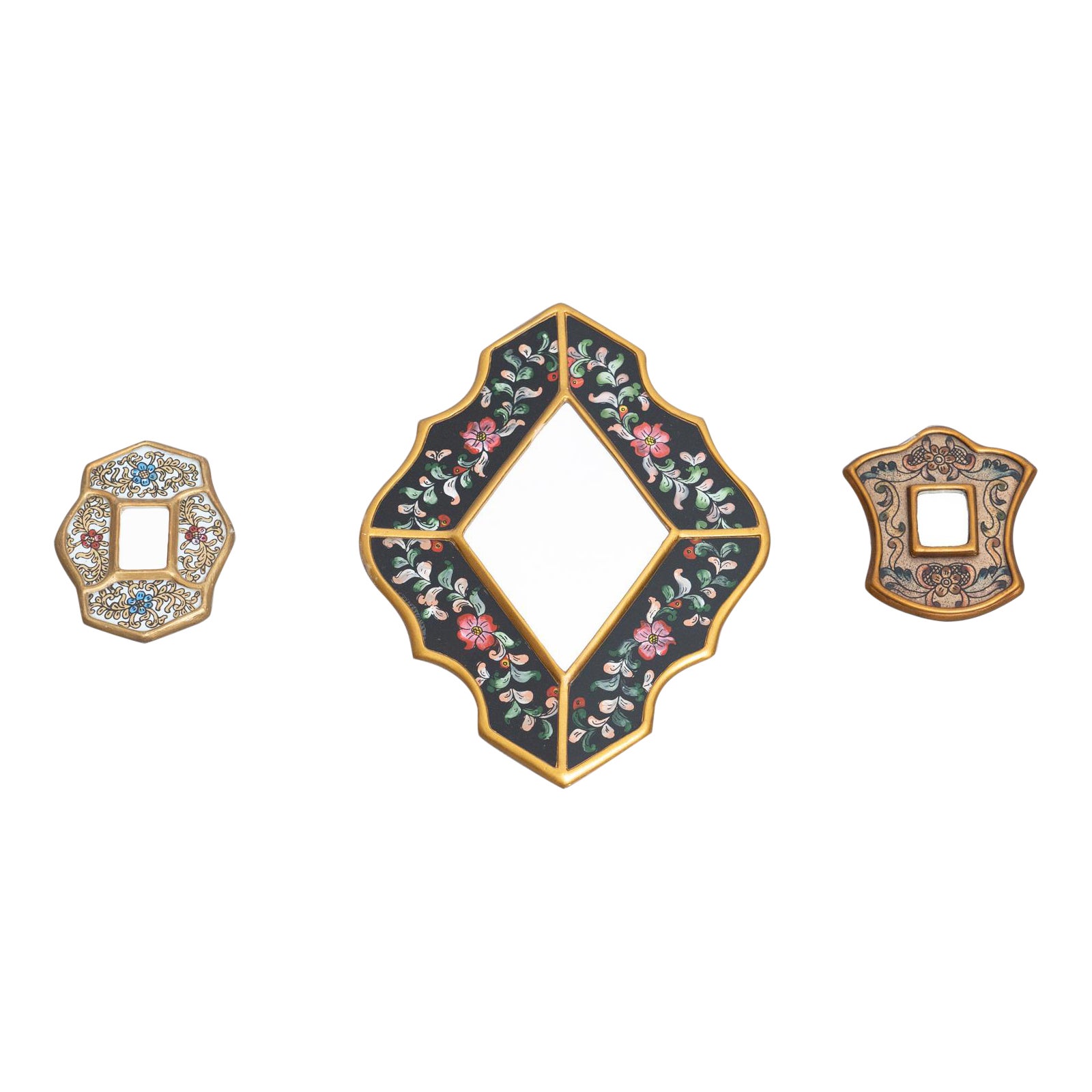 Set di tre specchi da parete in legno peruviano vintage di metà secolo dipinti a mano