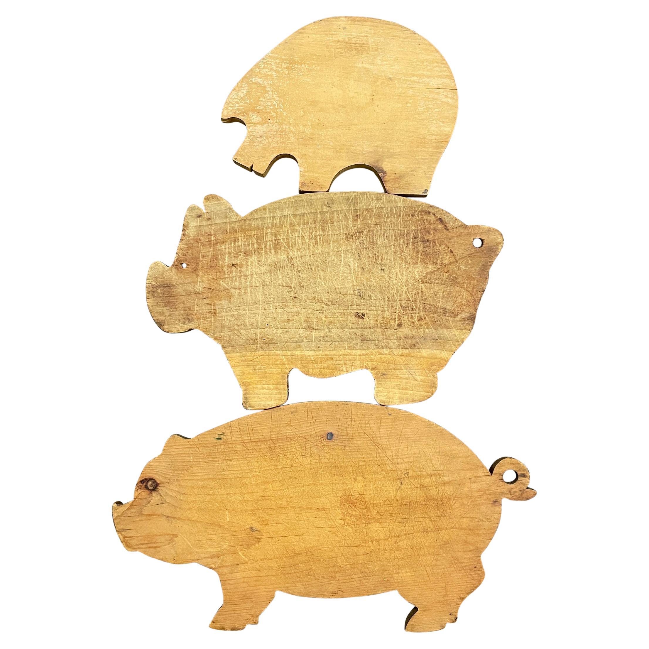 Set of Three Vintage Pig Cutting Boards with Custom Wall Mounts