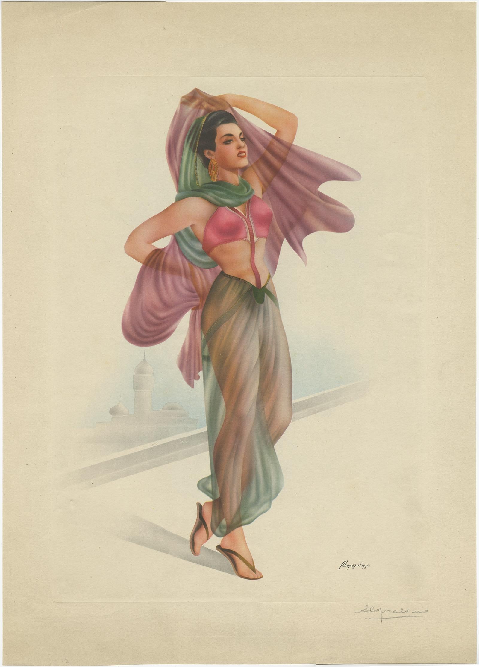 Satz von drei schönen Vintage-Pin-up-Lithographien. Unterzeichnet von A. Lopez Alonso.