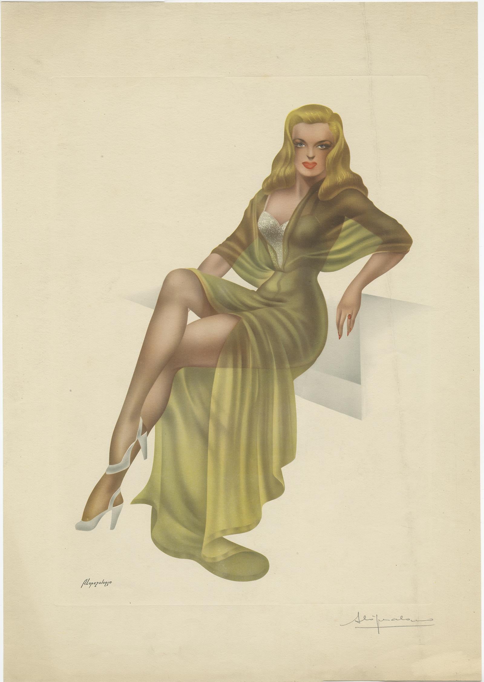 Set of Three Vintage Pin-Up Model Lithographs by Lopez Alonso 'circa 1950' In Good Condition For Sale In Langweer, NL