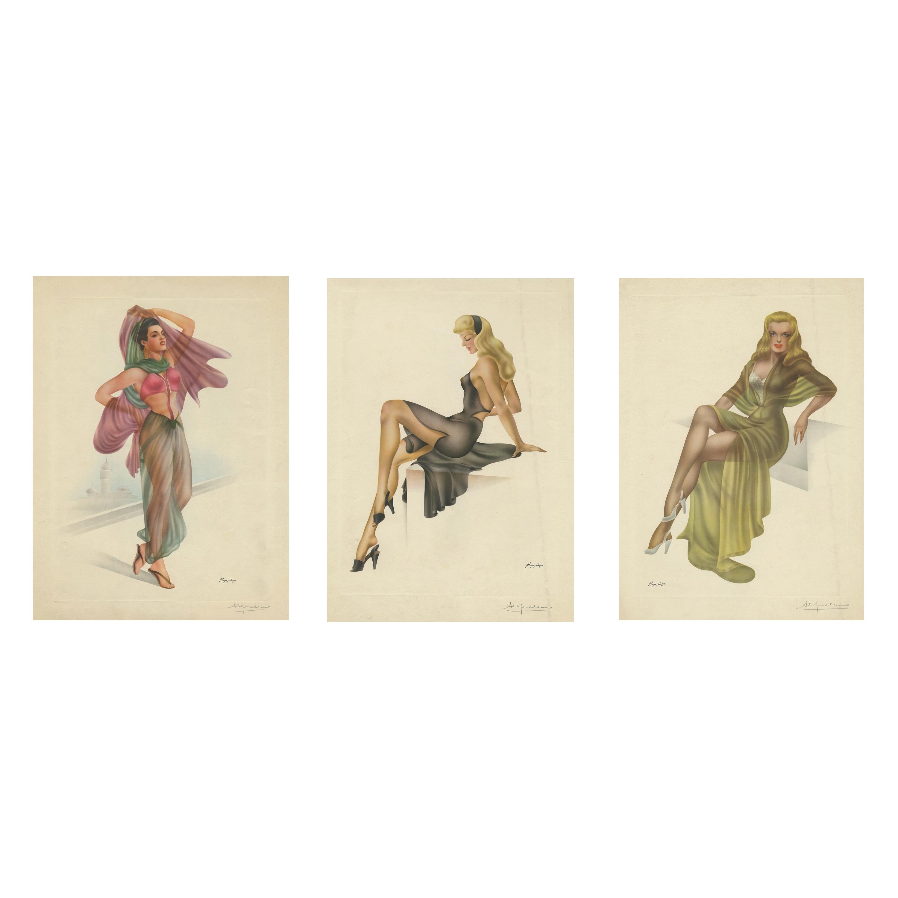 Set of Three Vintage Pin-Up Model Lithographs by Lopez Alonso 'circa 1950' For Sale