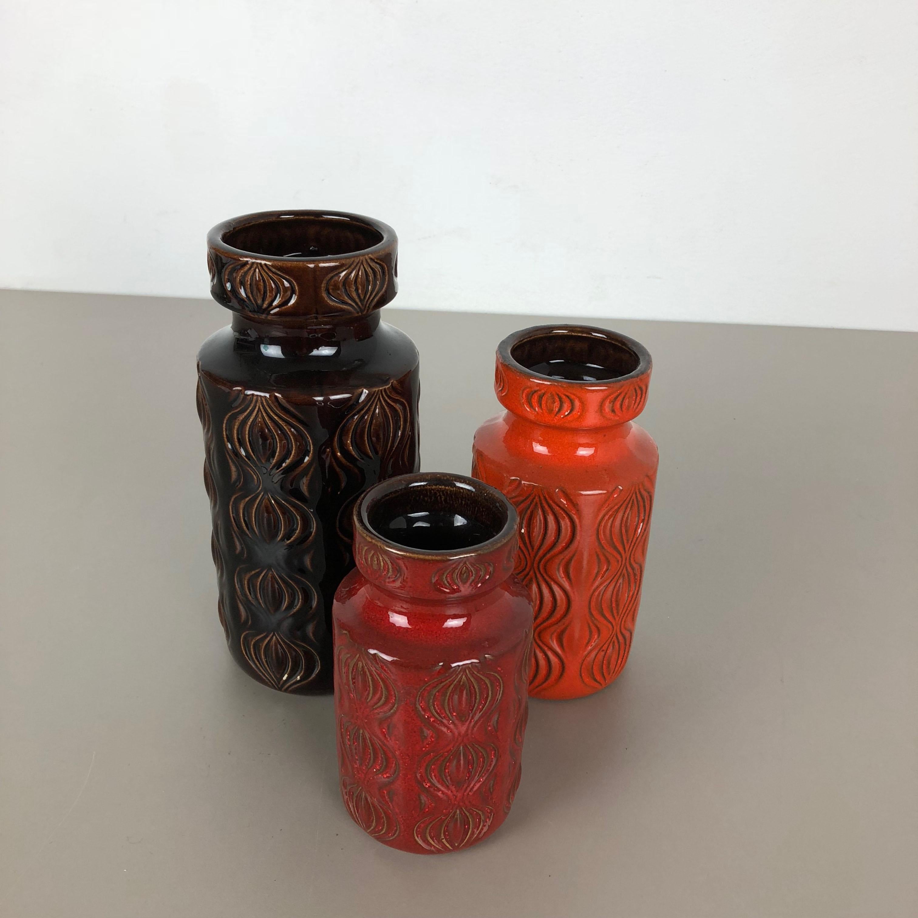 Mid-Century Modern Set of Three Vintage Pottery Fat Lava 'Onion' Vases Made by Scheurich, Germany For Sale