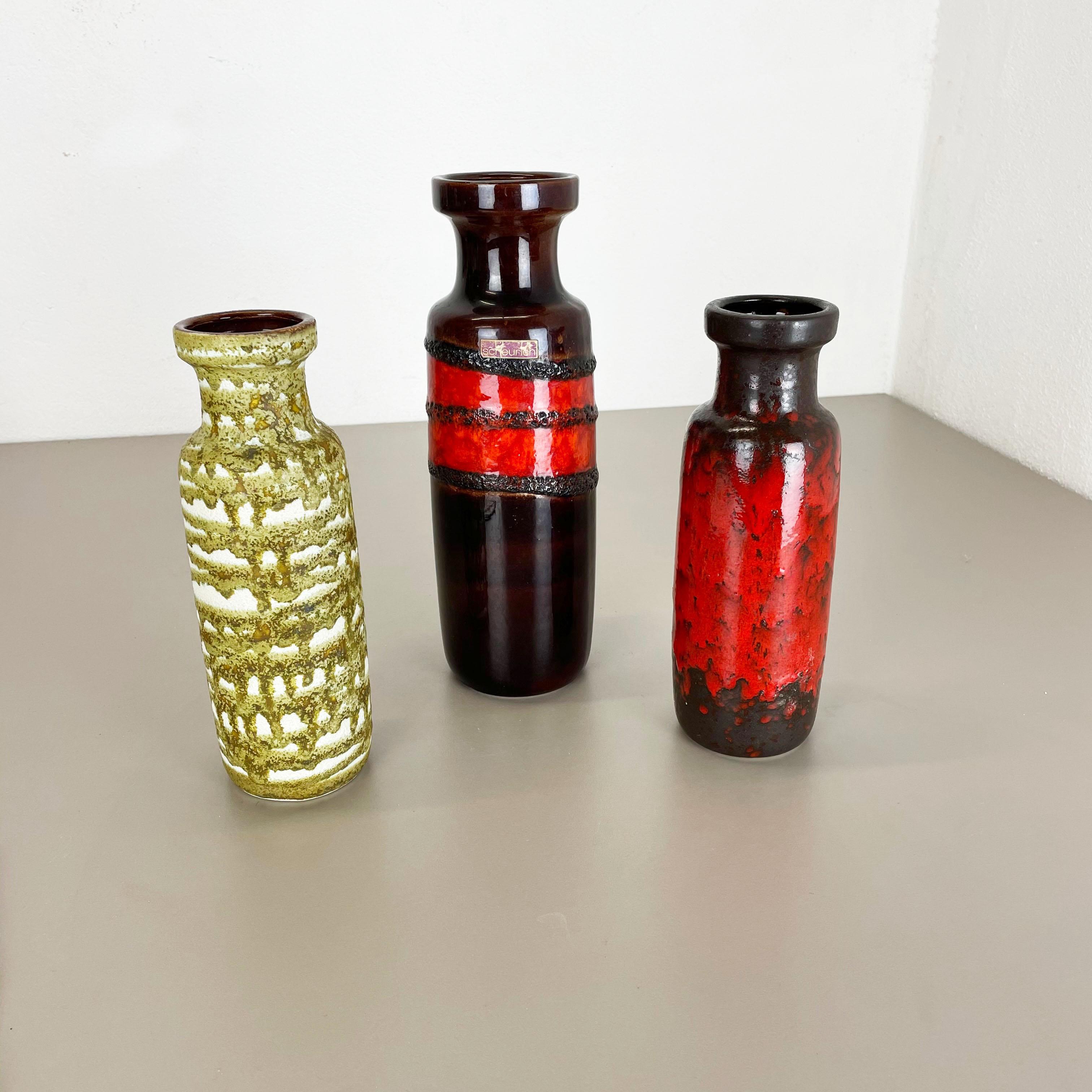 Article:

Set of three fat lava art vases


Producer:

Scheurich, Germany


Decade:

1970s


This original vintage vase was produced in the 1970s in Germany. It is made of porcelain in Fat Lava Optic. Super rare in this coloration.