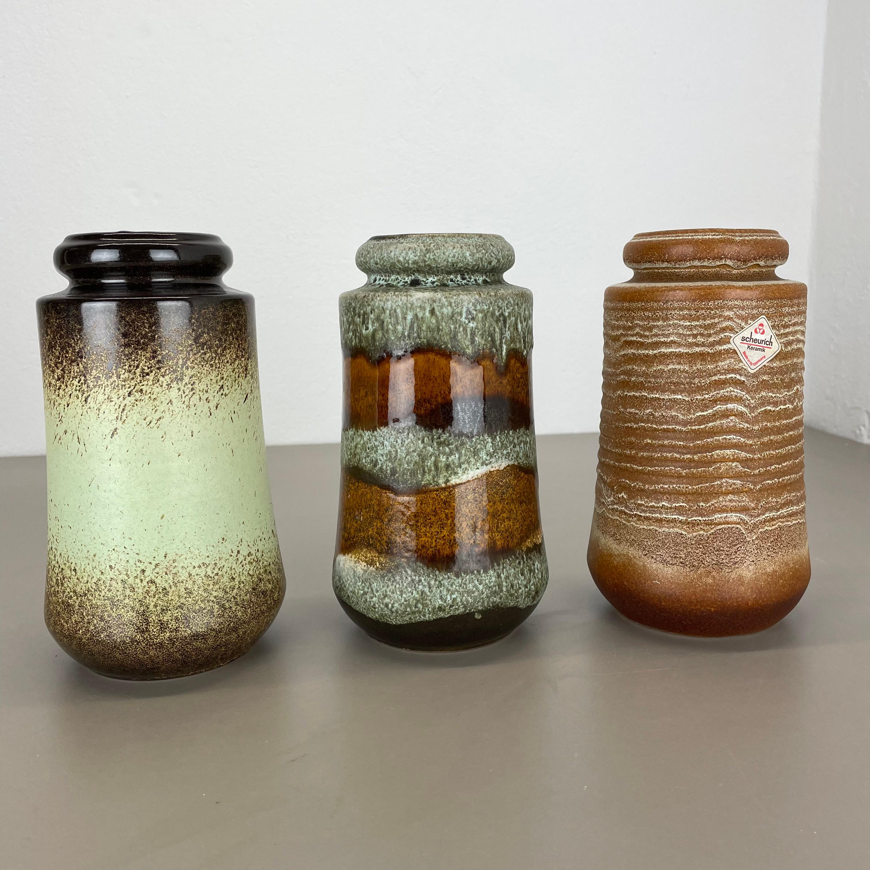 Mid-Century Modern Ensemble de trois vases vintage en poterie de lave grasse fabriqués par Scheurich, Allemagne, années 1970 en vente