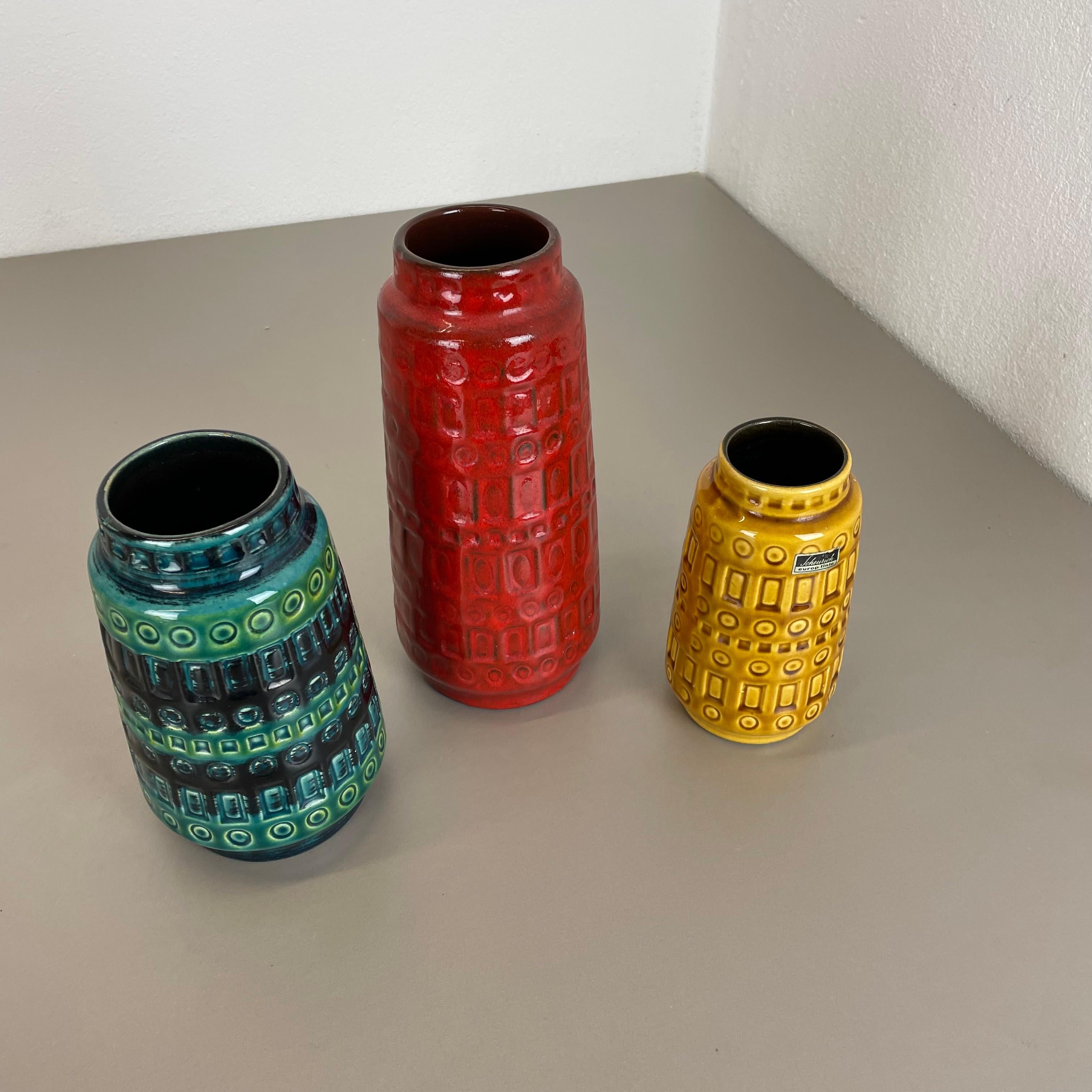 Mid-Century Modern Set of Three Vintage Pottery Fat Lava Vases Made by Scheurich, Germany, 1970s For Sale