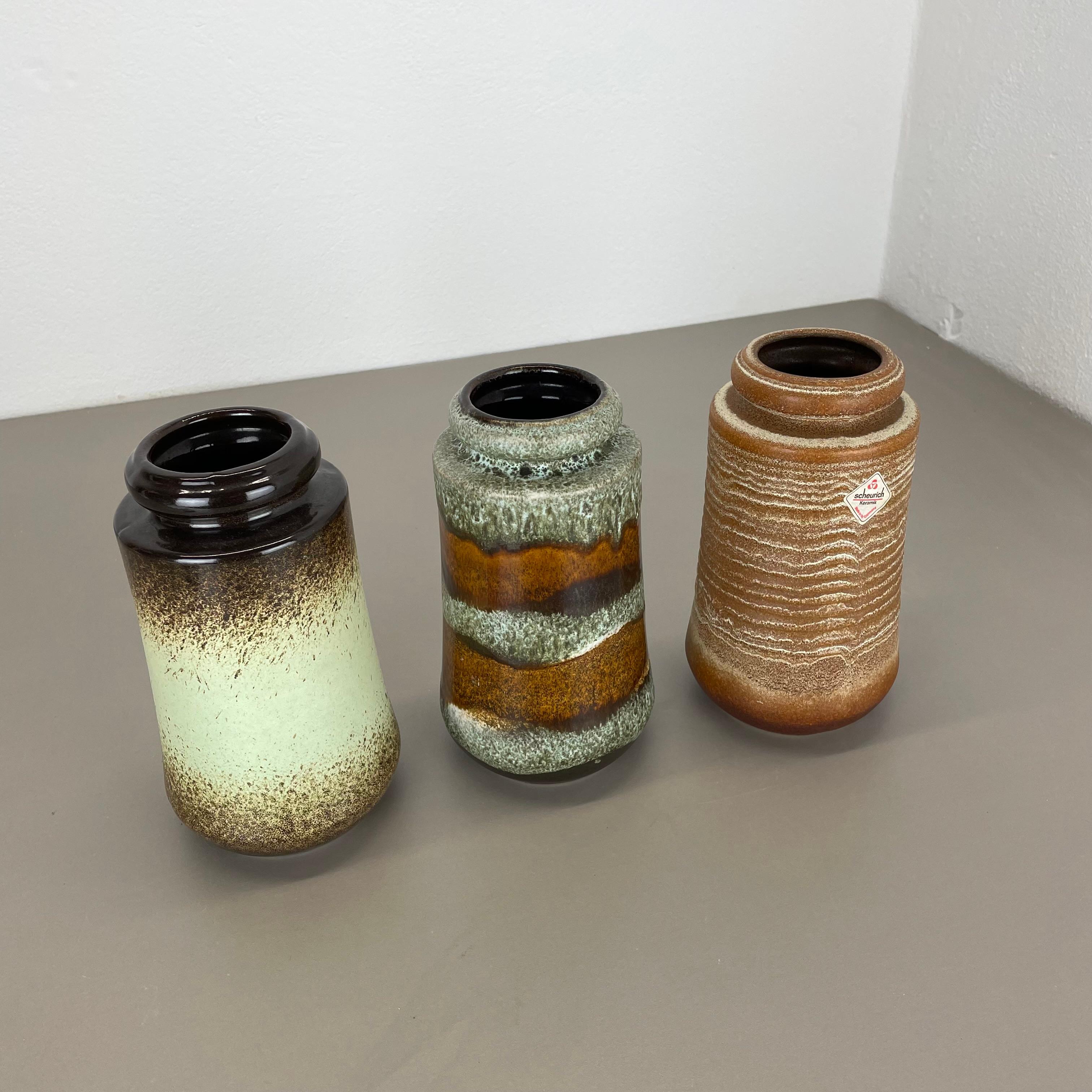 Allemand Ensemble de trois vases vintage en poterie de lave grasse fabriqués par Scheurich, Allemagne, années 1970 en vente