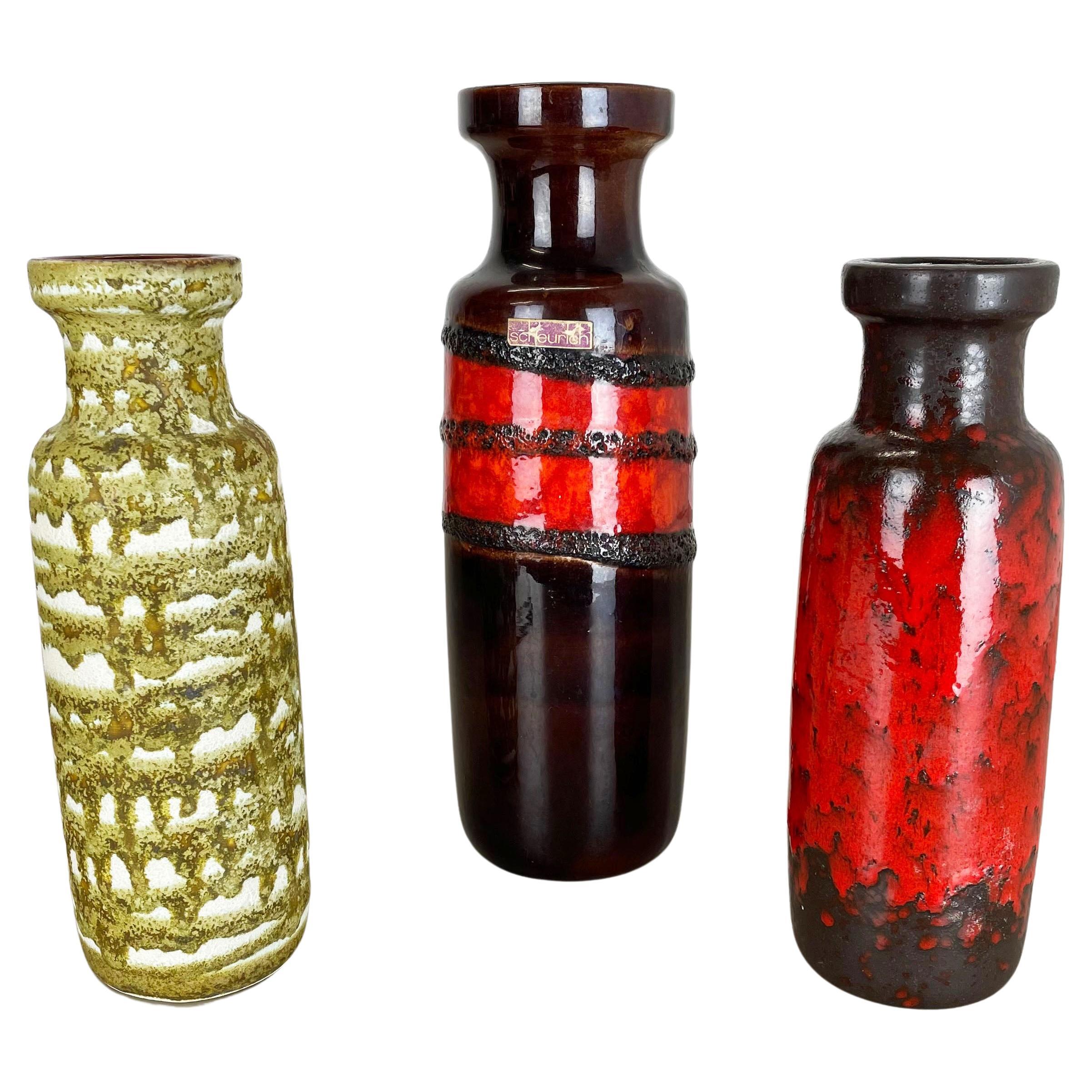 Set of Three Vintage Pottery Fat Lava Vases Made by Scheurich, Germany, 1970s
