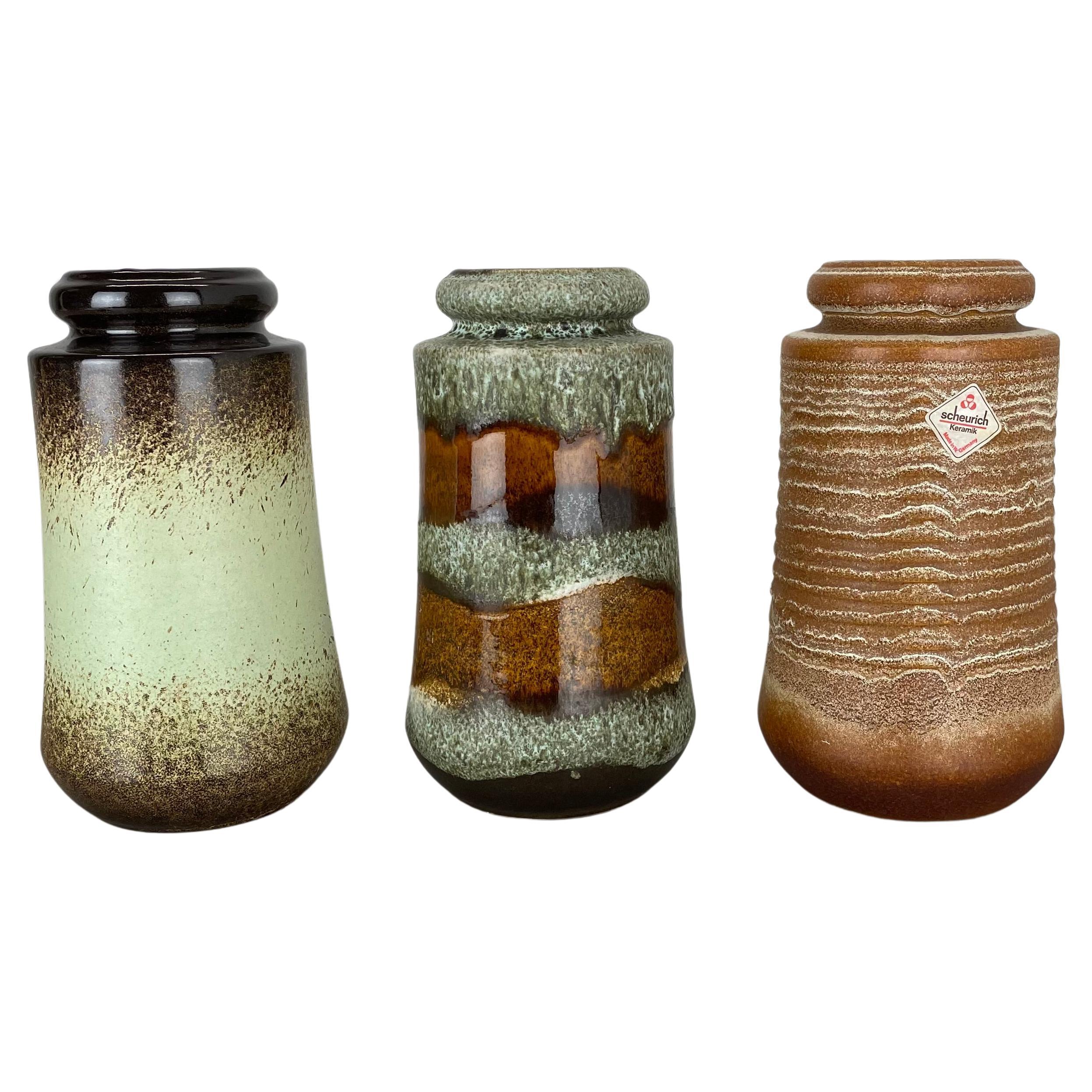 Ensemble de trois vases vintage en poterie de lave grasse fabriqués par Scheurich, Allemagne, années 1970 en vente